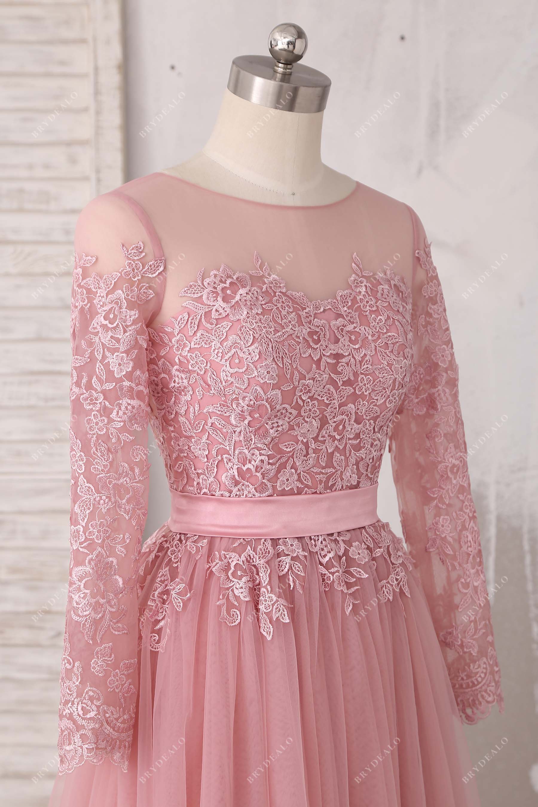 sheer lace sleeves designer prom gown