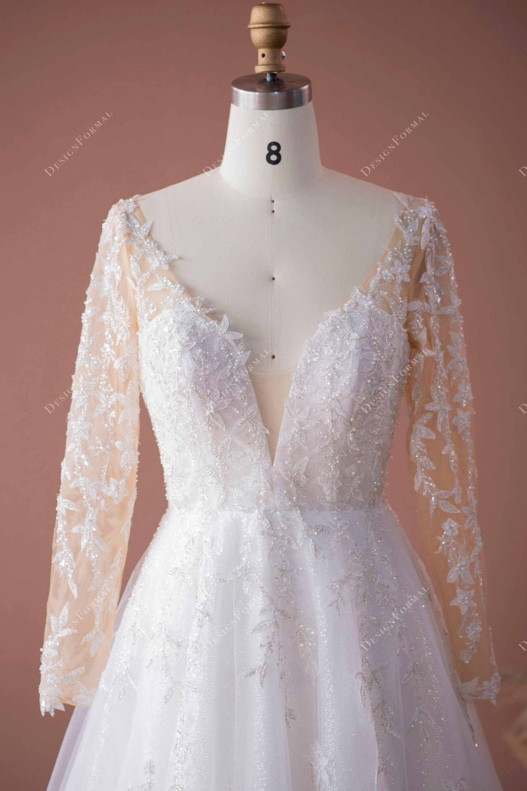 sheer lace tulle sleeved wedding gown with plunging neck