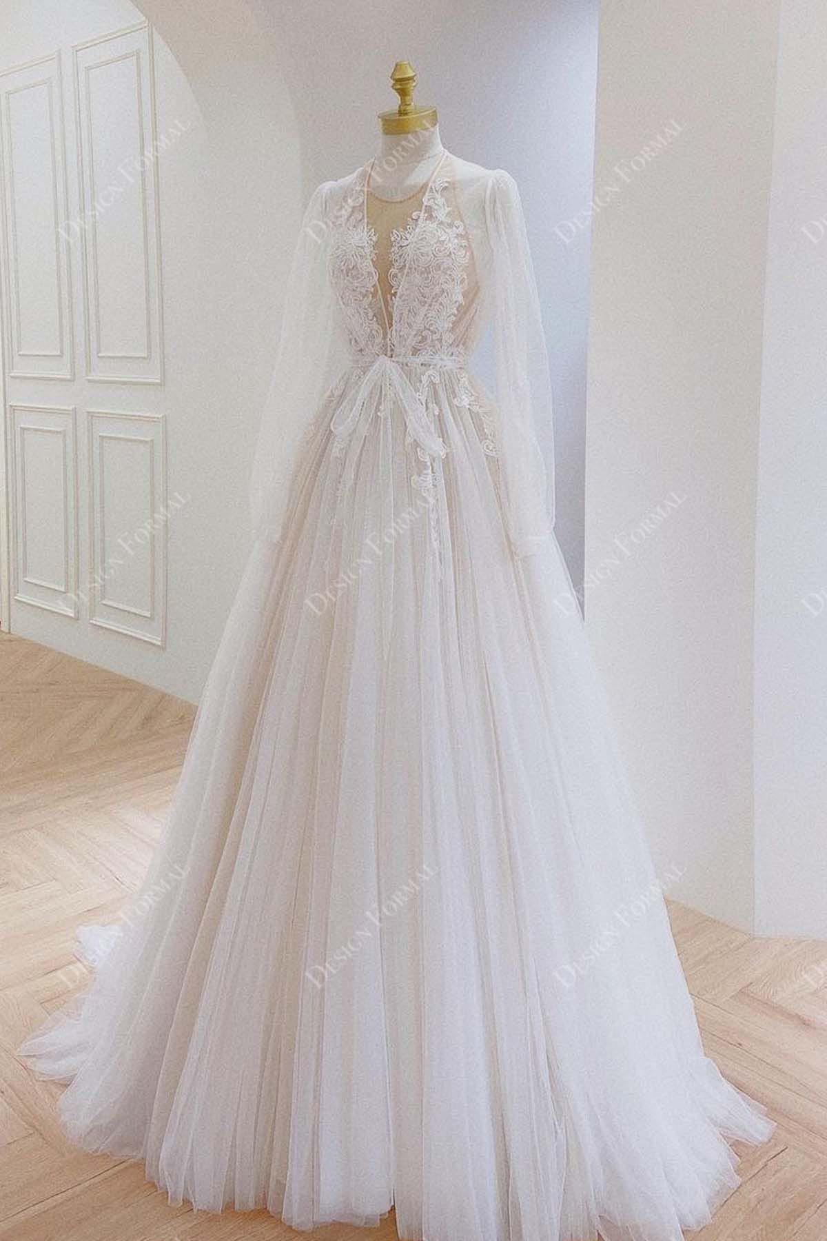 Illusion Neck Lace Tulle Long Sleeves A-line Tailor-Made Bridal Dress