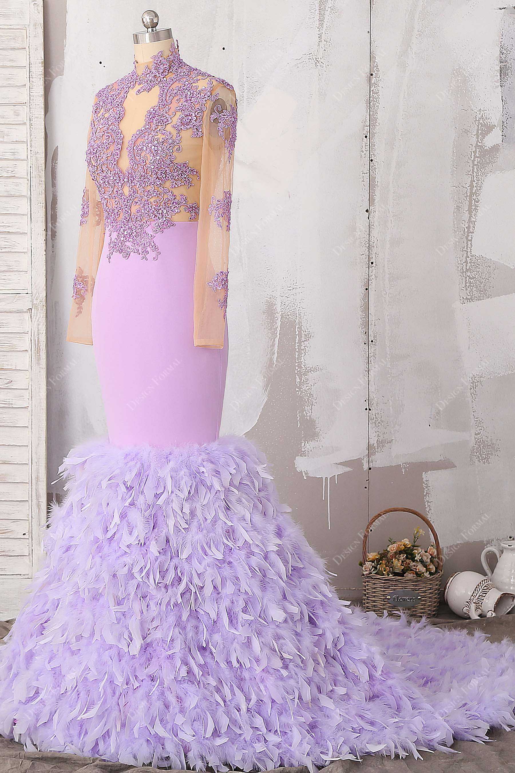 Sheer Long Sleeve Luxury Trumpet Feather Prom Dress