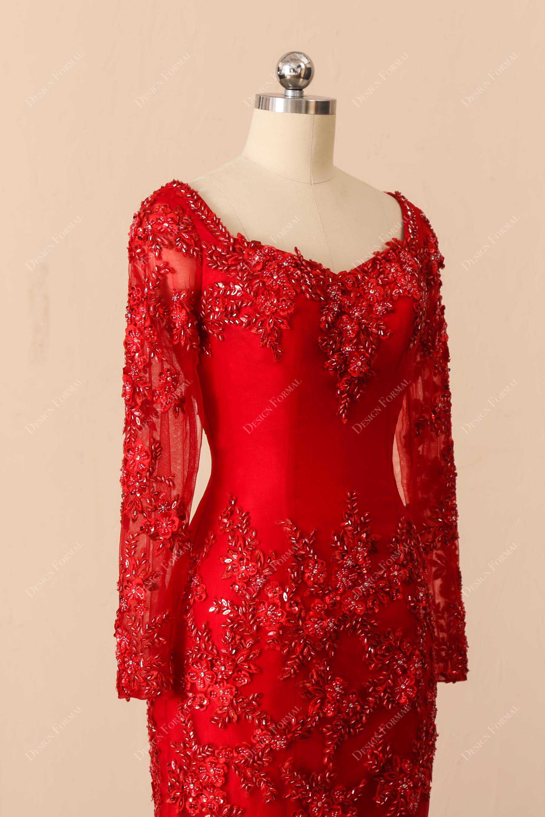 sheer long sleeve red beaded applique prom dress