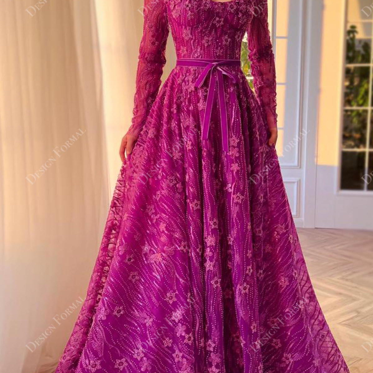 pink lace dress with sleeves Fuchsia Sparkly Lace Semi Sweetheart Neck Sleeved Custom A-line Dress