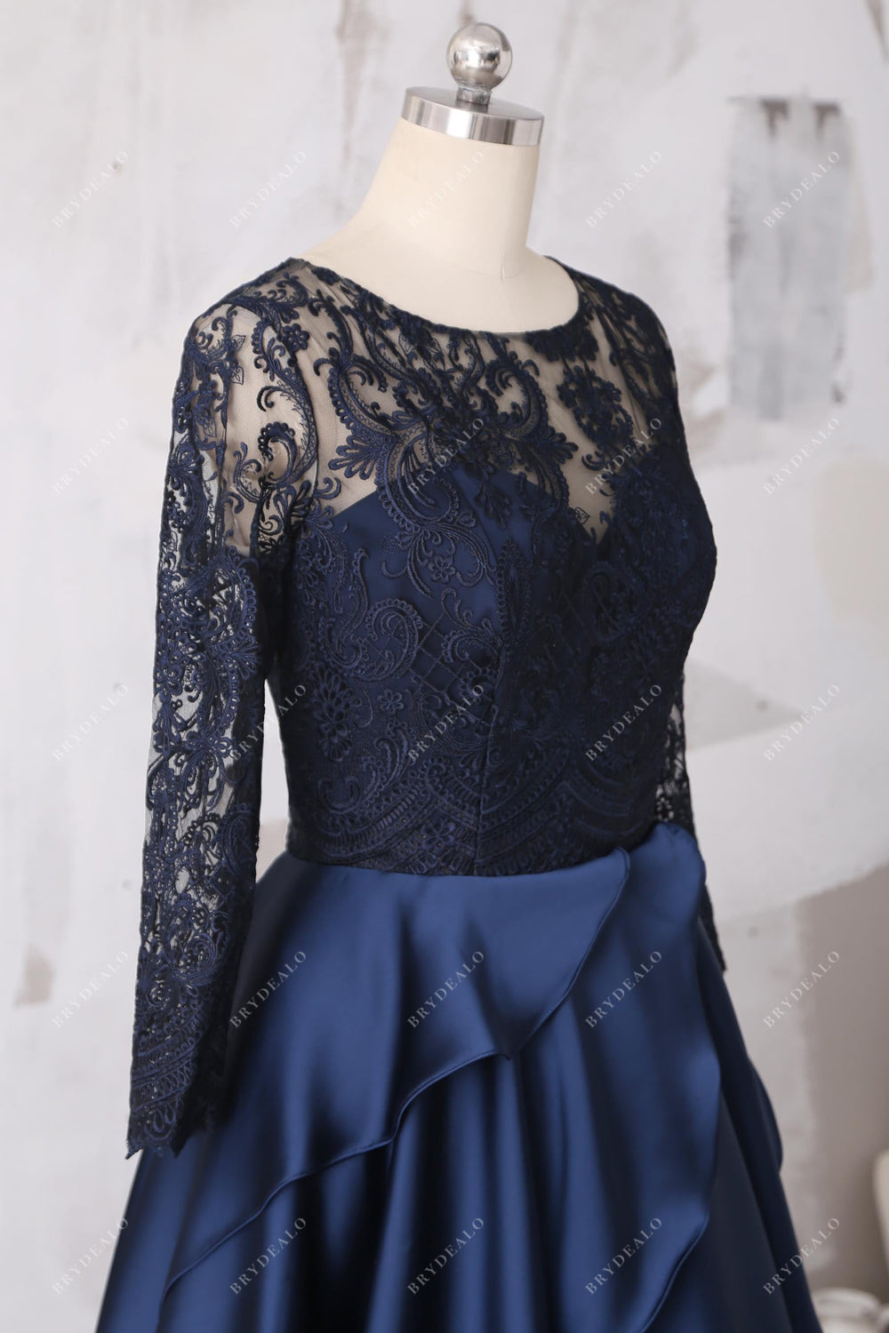 Illusion Satin Gown with Long Lace Sleeves Grape