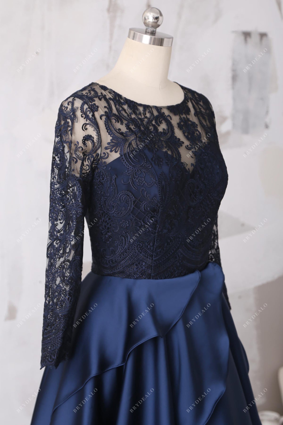 Illusion Neck Gowns with Lace Bodice Dark Navy Plus Size