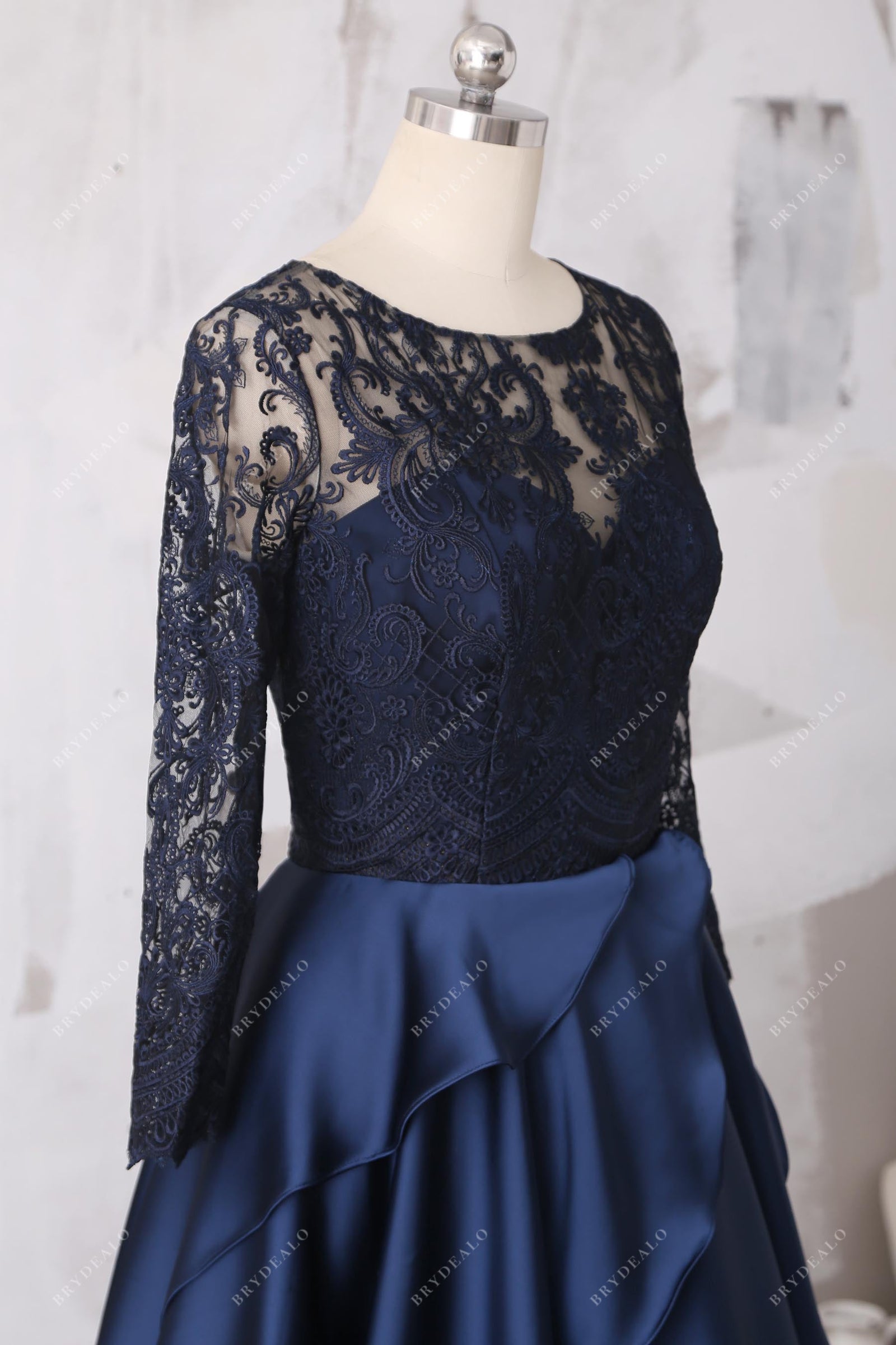 Illusion Top Stretch Satin Pleated Sheath Prom Dress Dark Navy main image 1
