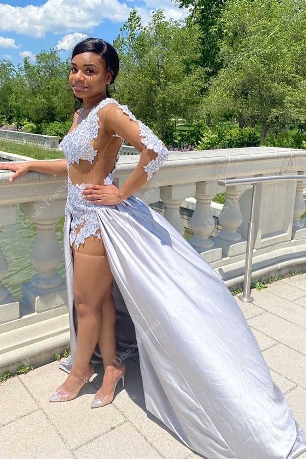 sheer long sleeves sexy jumpsuit taffeta overskirt prom dress