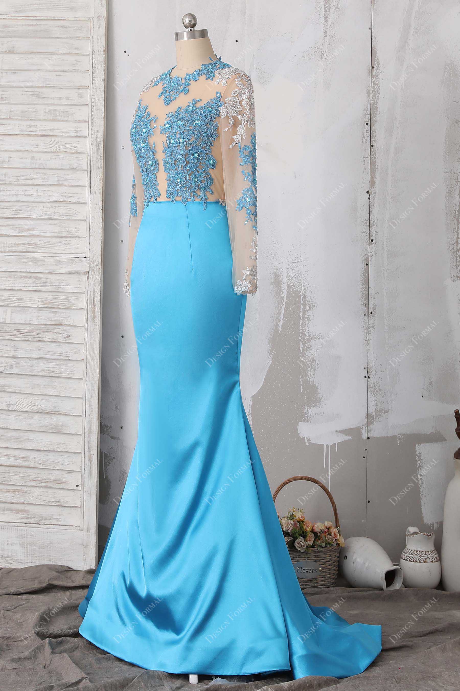 sheer sleeve blue lace mermaid prom dress