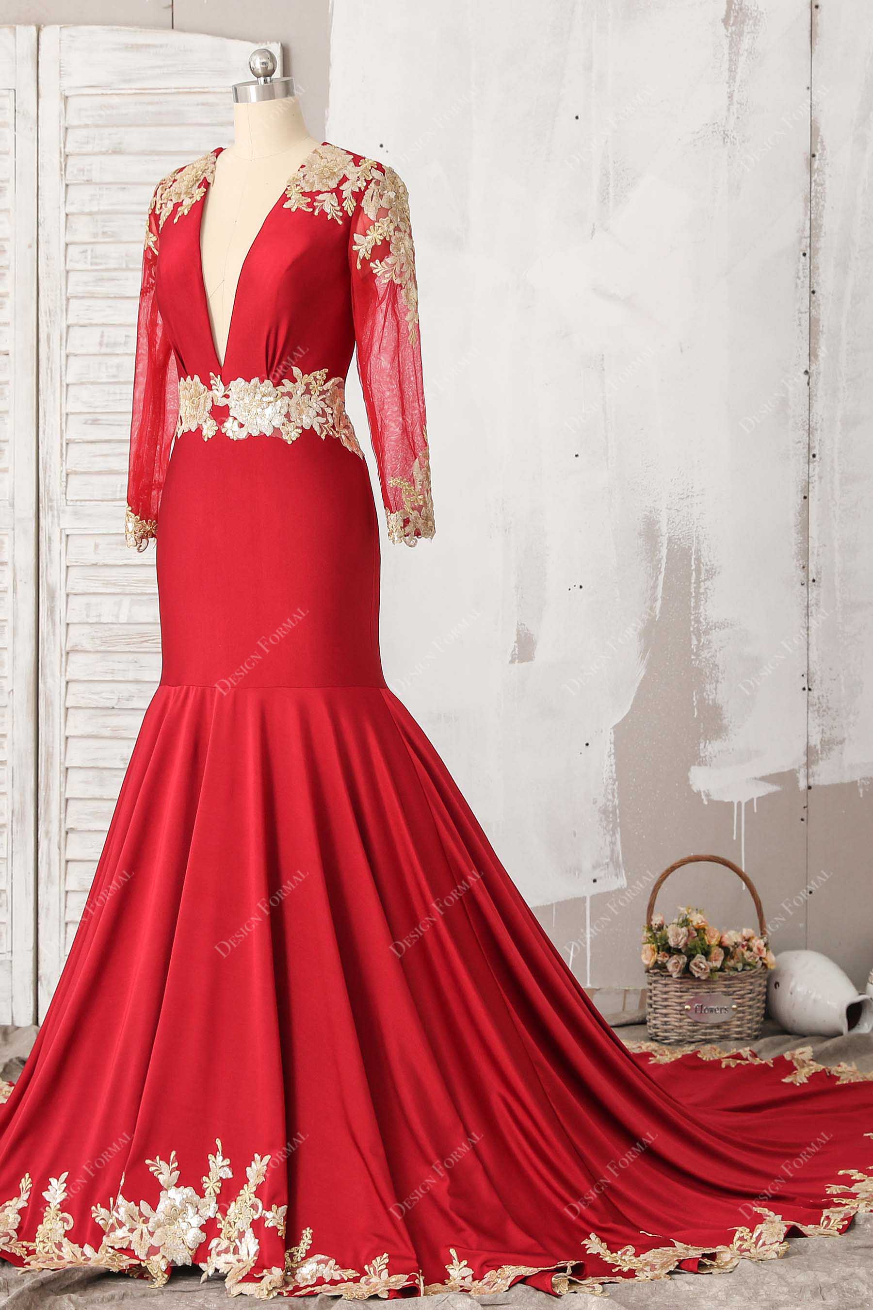 sheer sleeve mermaid red jersey prom dress
