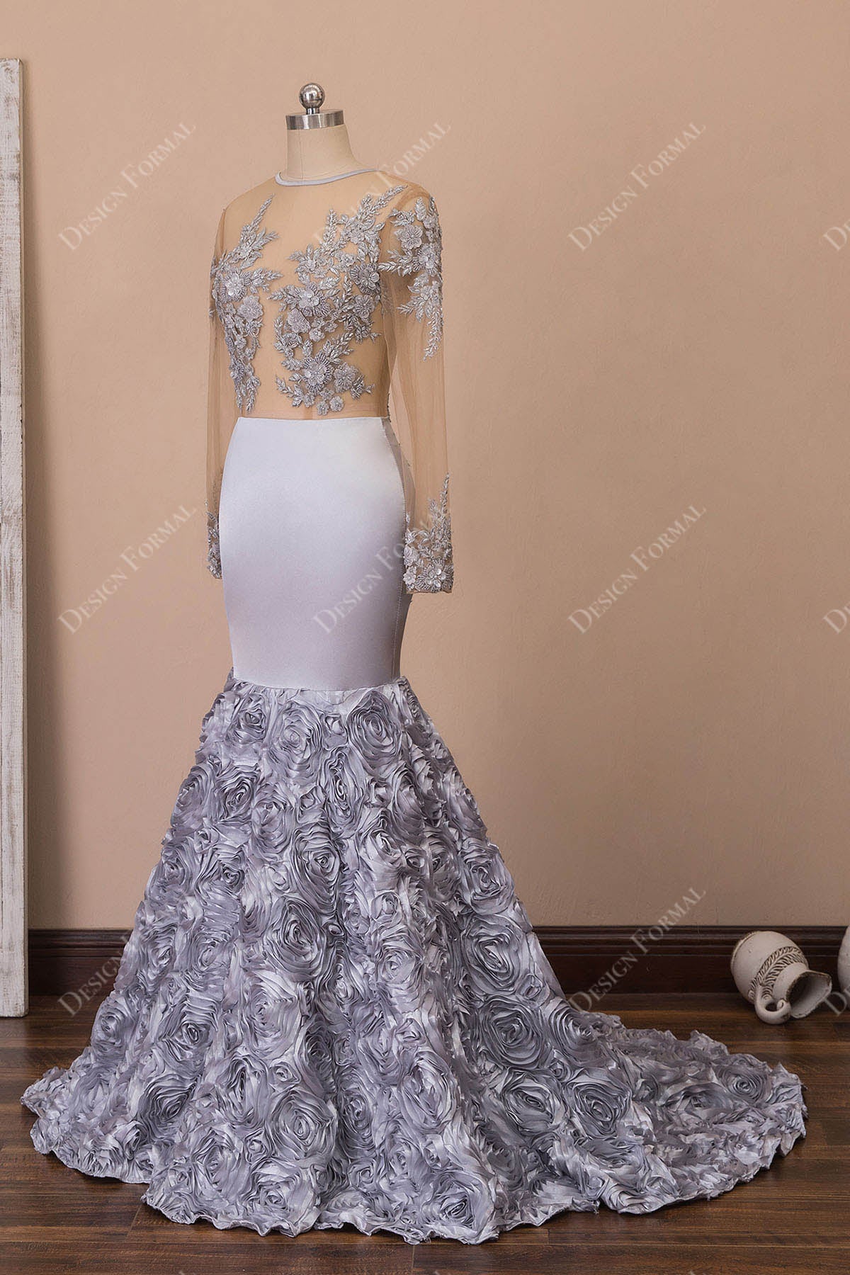 sheer sleeves 3D flowers trumpet prom gown