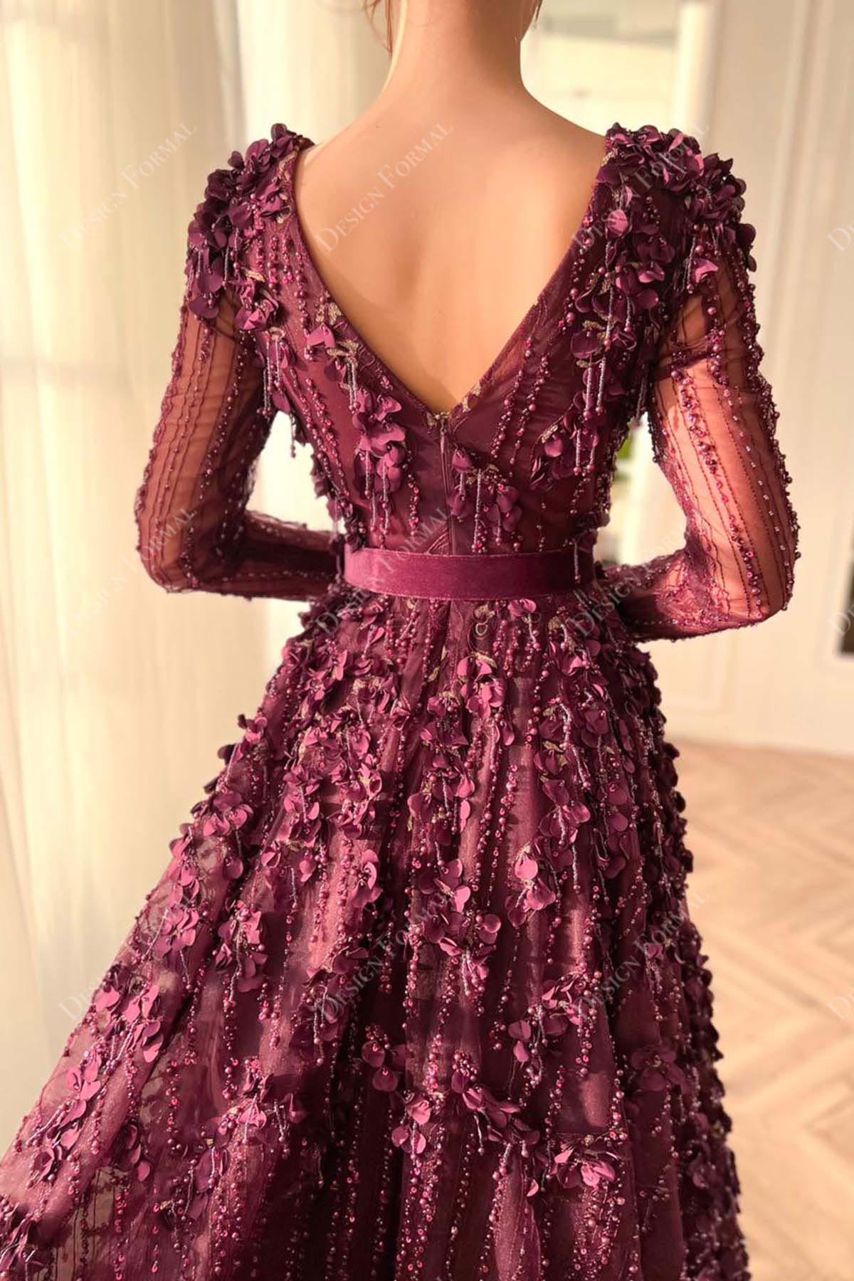 sheer sleeves V-back 3D lace prom dress
