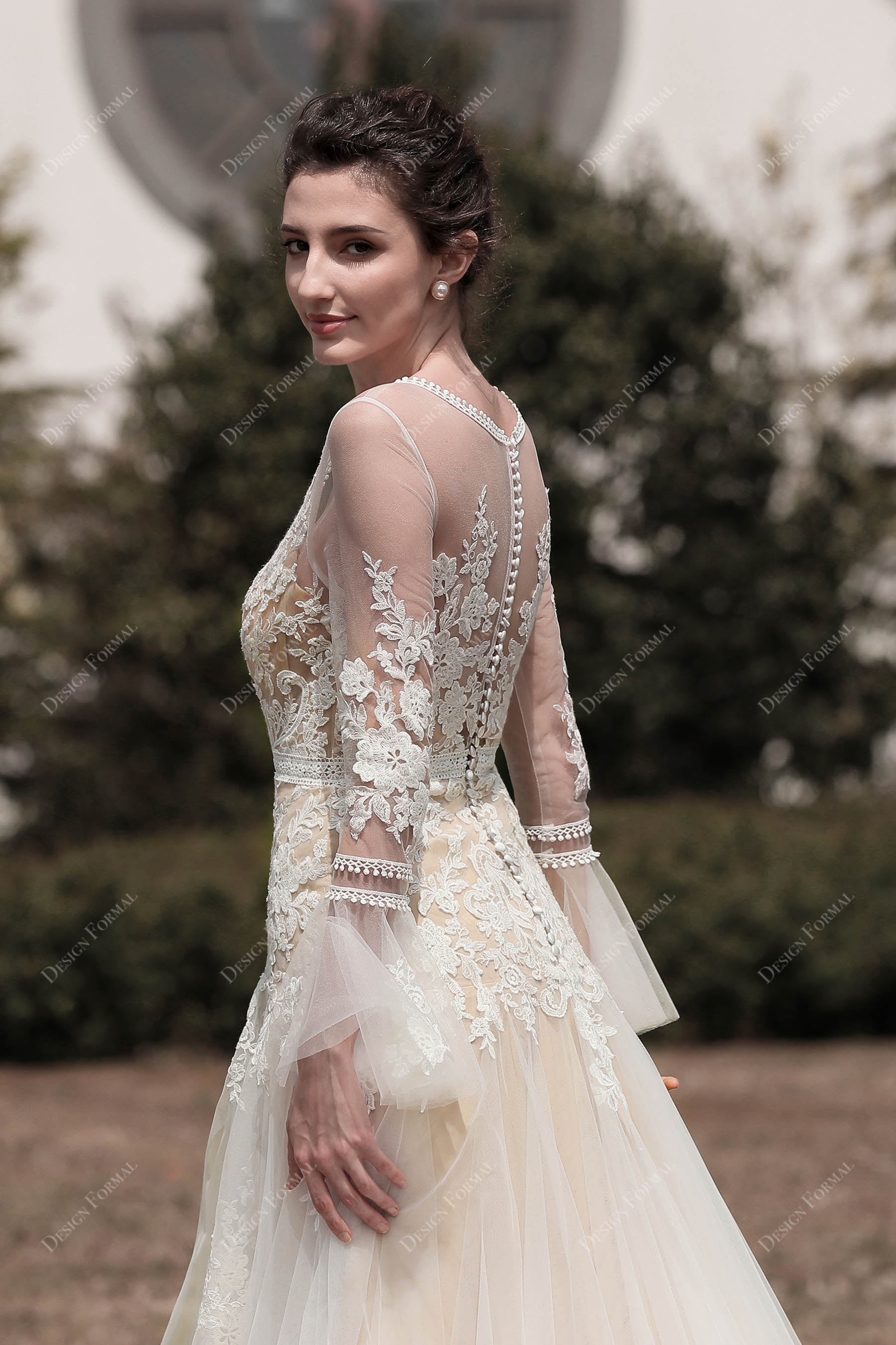 sheer sleeves boho lace bridal gown