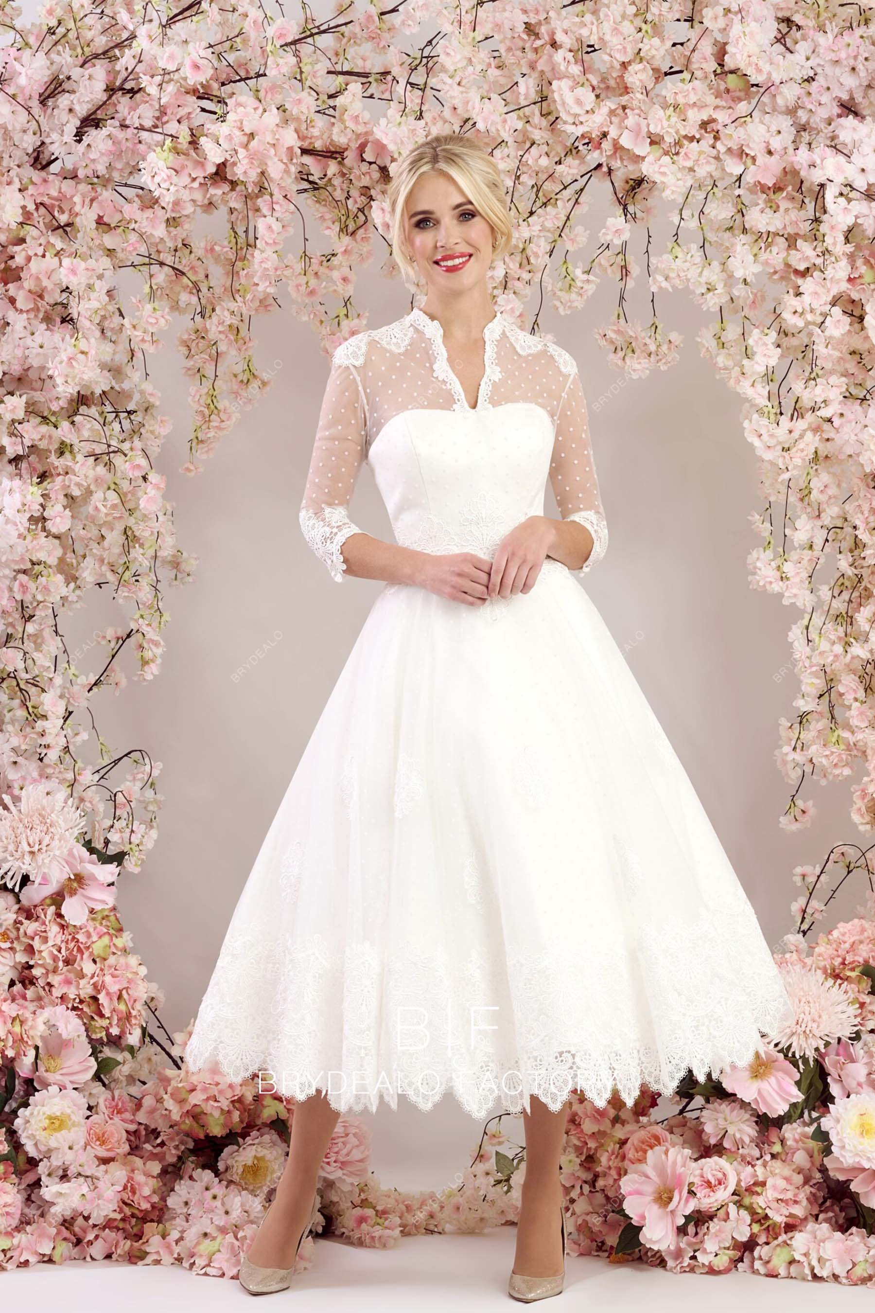 sheer 3/4 sleeves custom tea length lace bridal gown