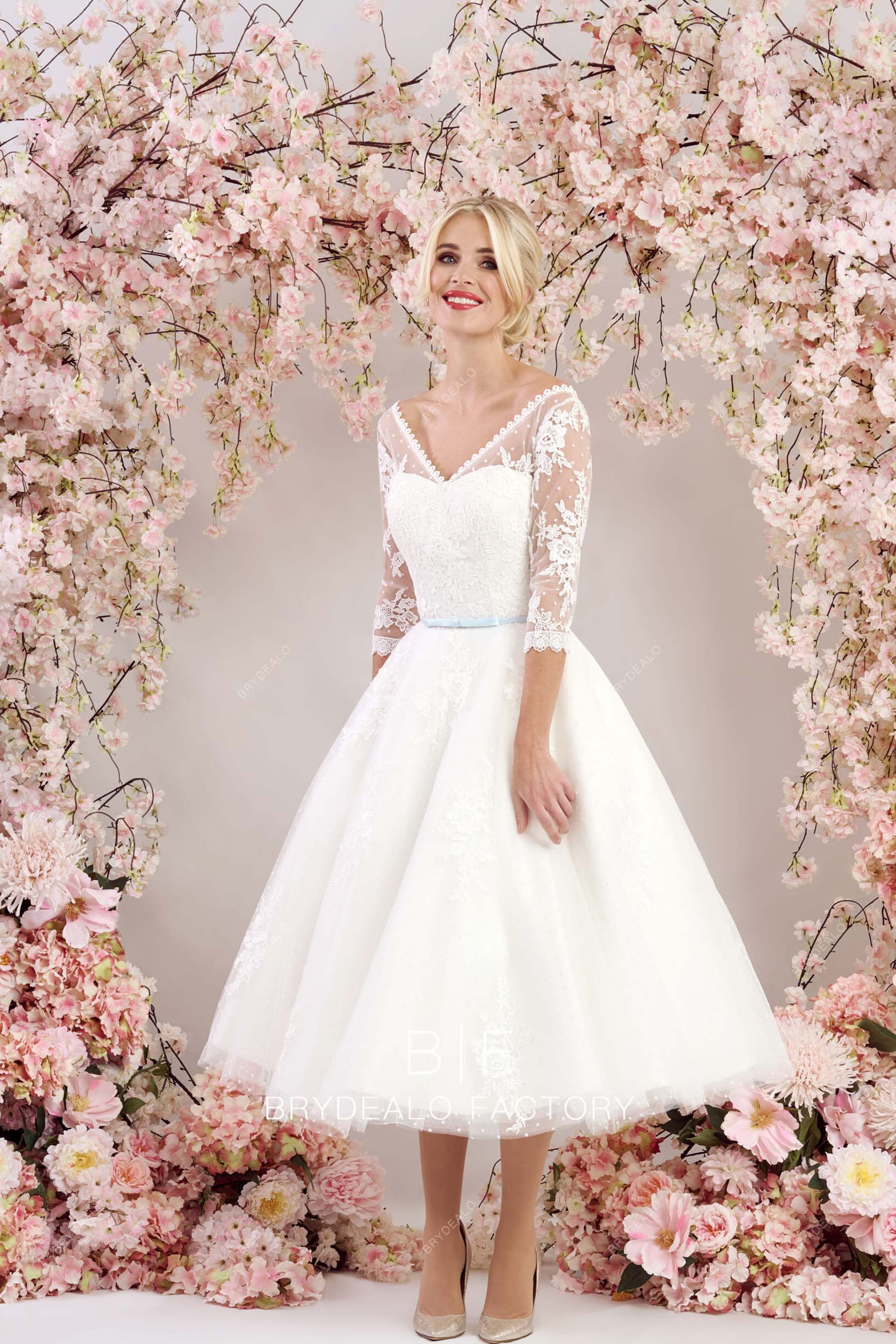designer sheer sleeves short bridal dress online