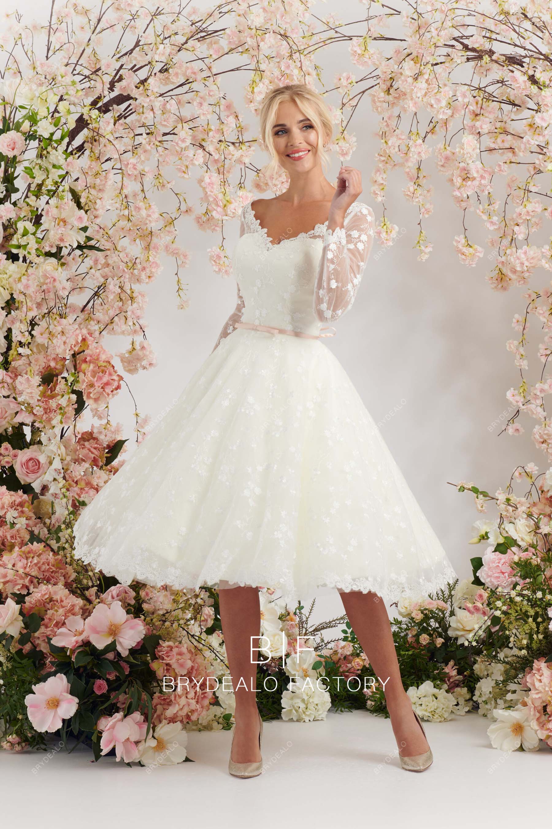 designer sheer sleeves tea length lace bridal dress