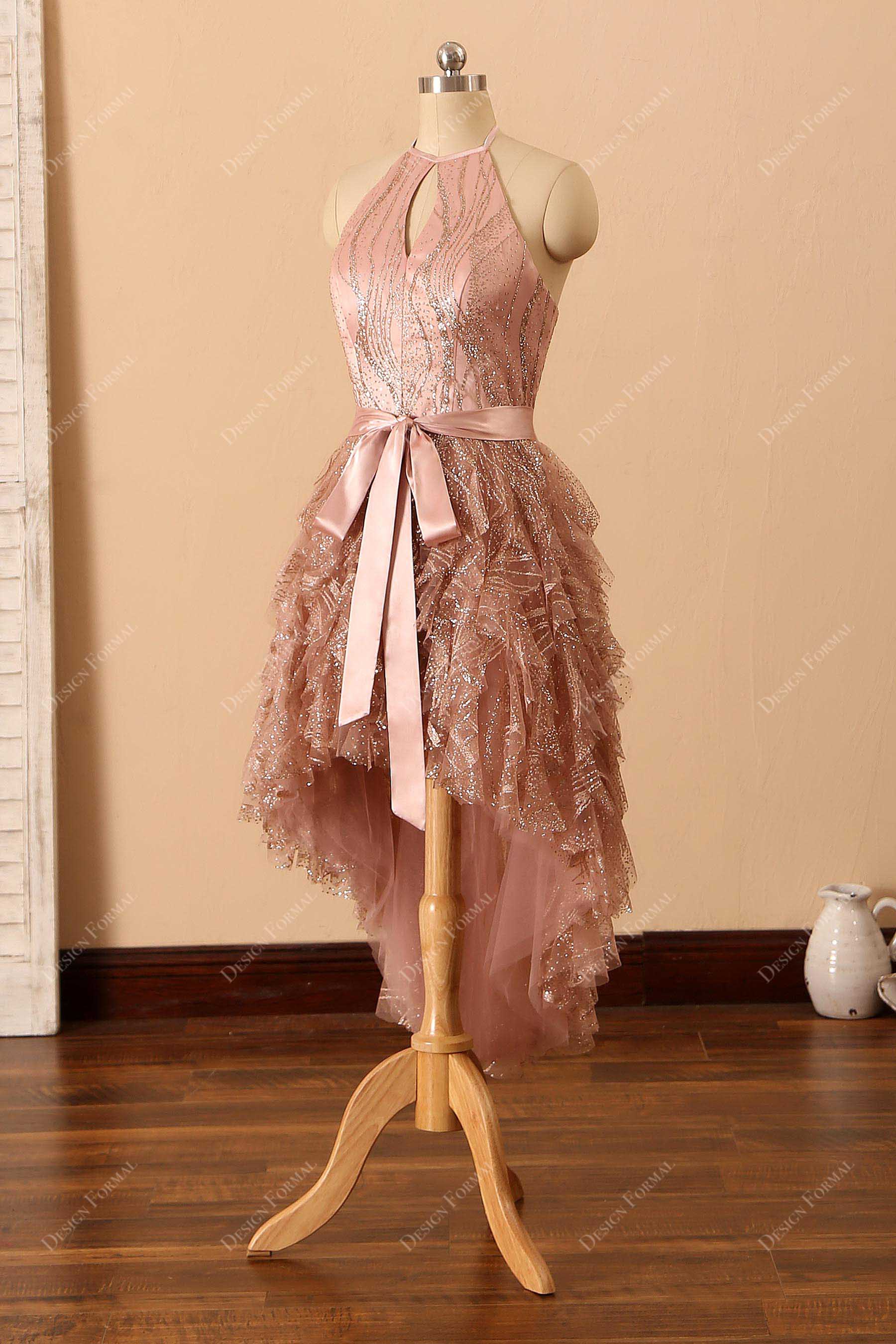 shimmer sleeveless high-low rose gold prom dress