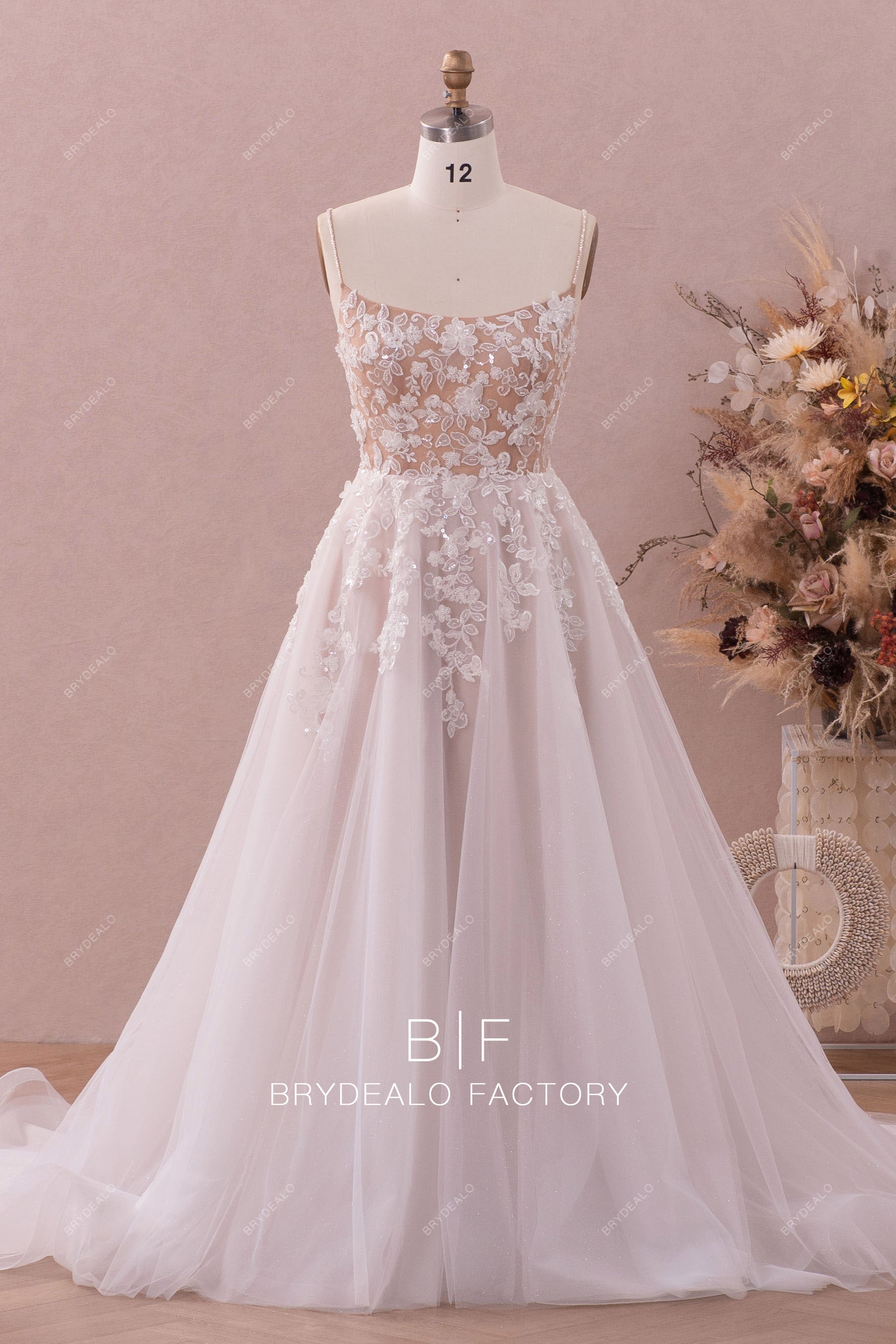 shimmery beaded straps 3D flower bridal dress