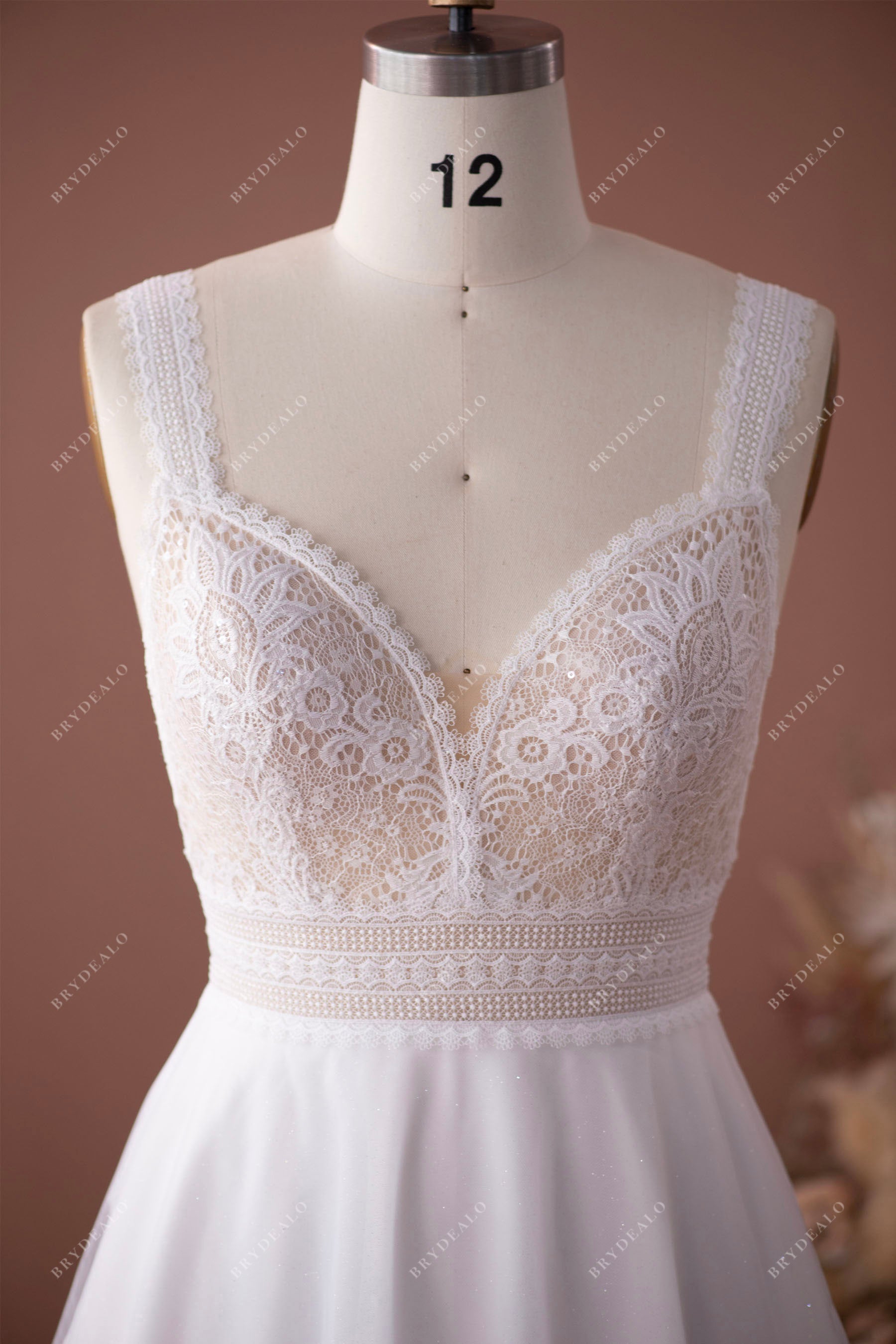 shimmery boho lace strap destination wedding dress