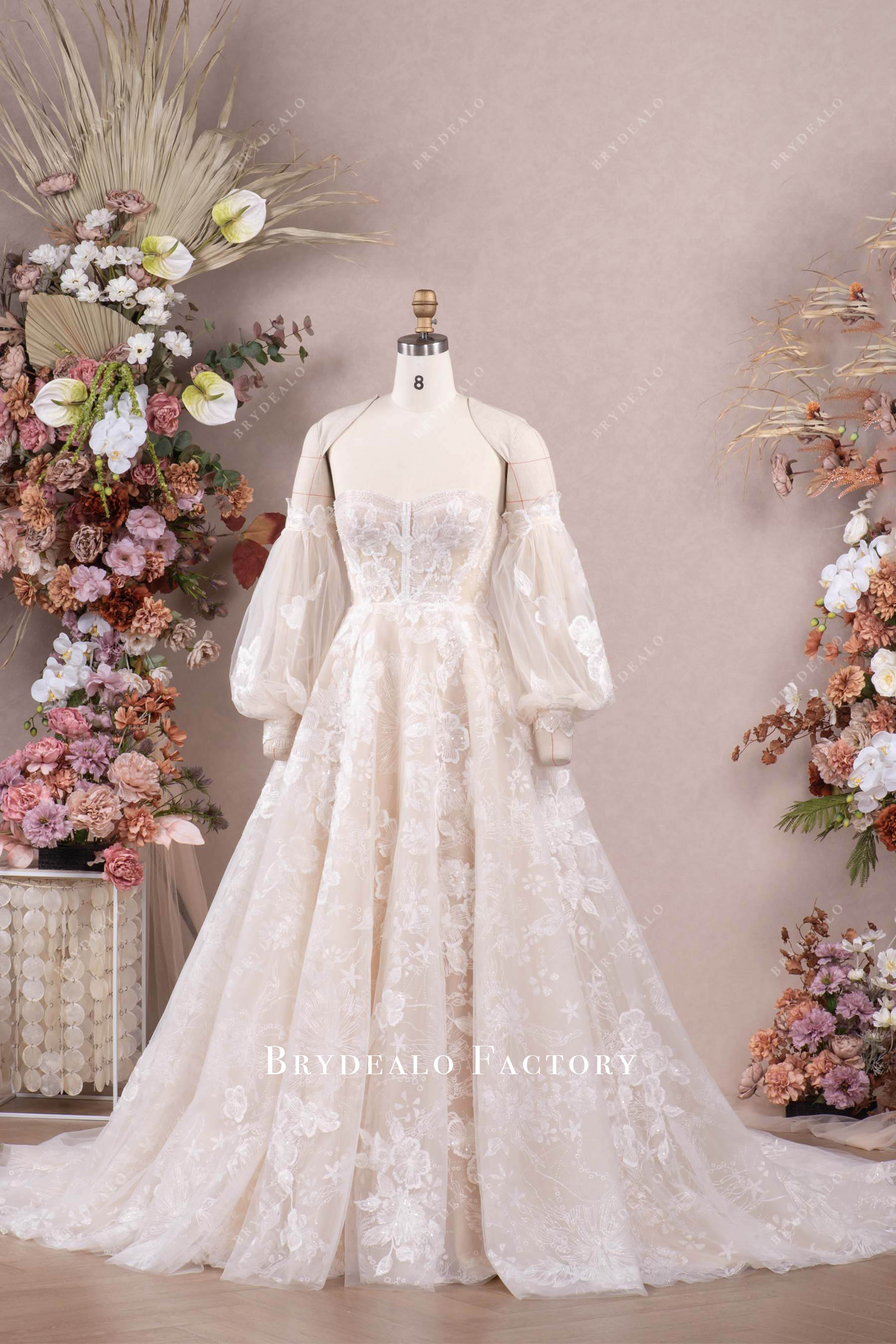 romantic shimmery flower lace A-line wedding dress