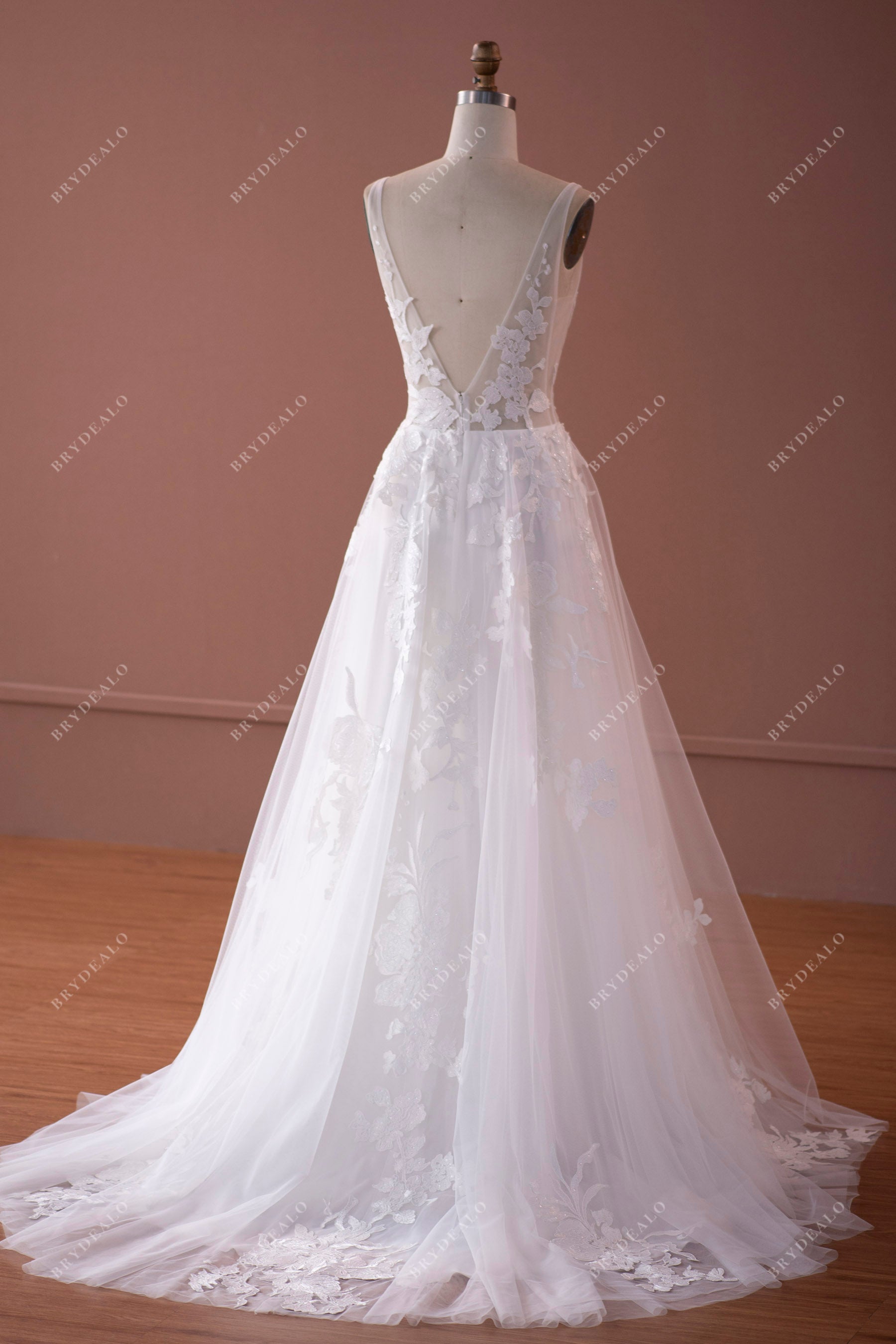 shimmery flower lace open back A-line wedding dress