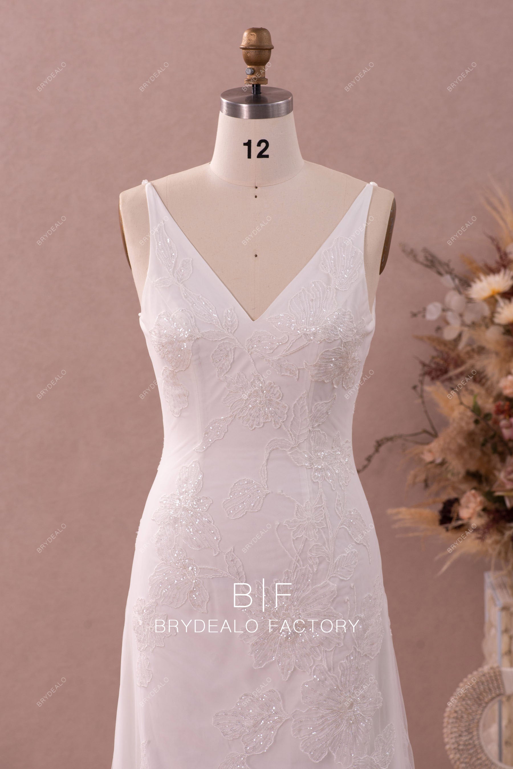elegant shimmery flower lace wedding dress 
