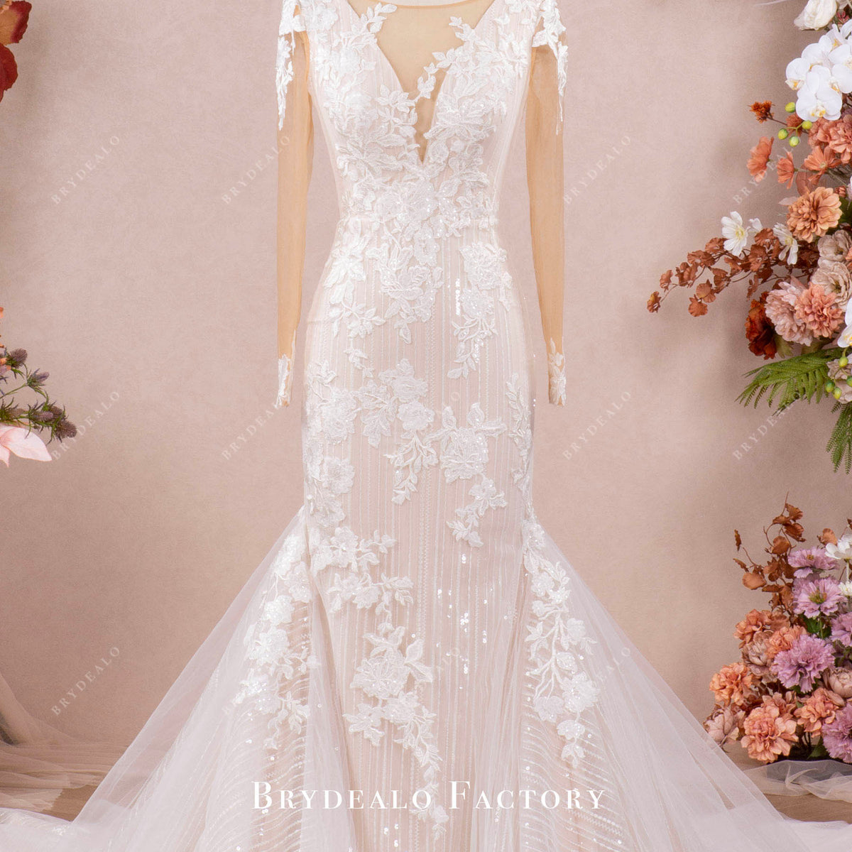 Designer Lace Long Sleeve Mermaid Sparkly Modern Wedding Dress