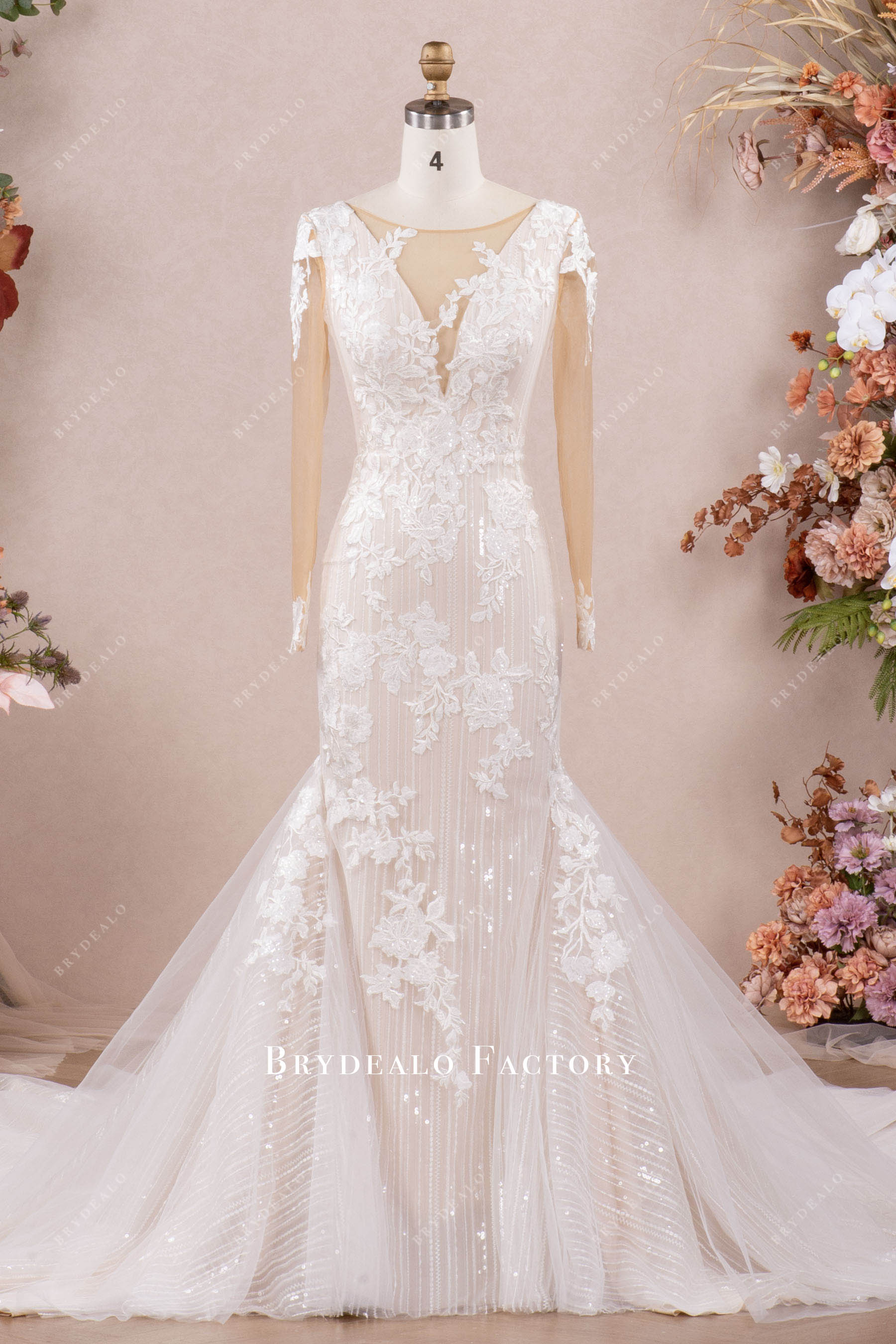 designer shimmery lace godet mermaid wedding dress