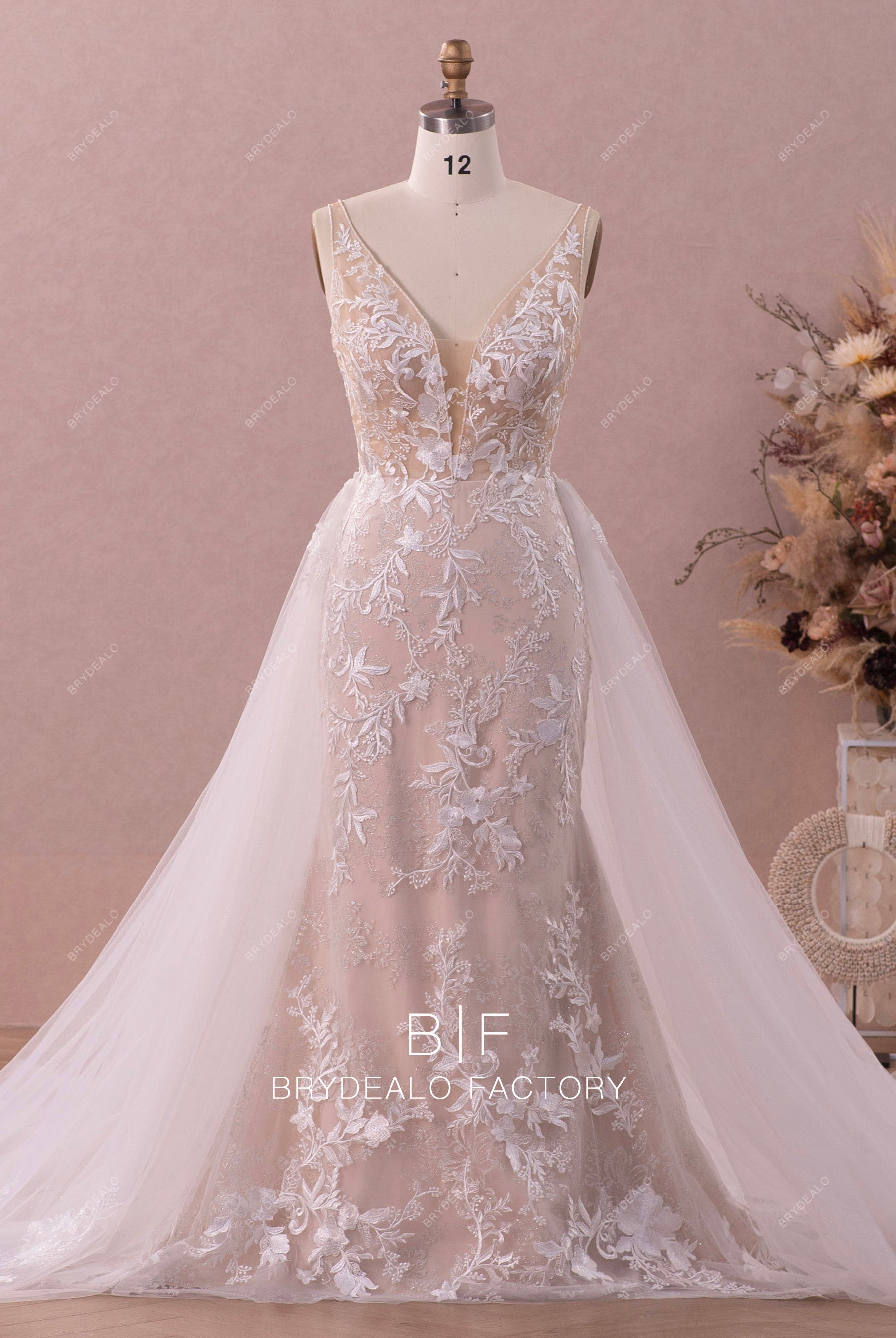 shimmery lace mermaid wedding dress with detachable overskirt