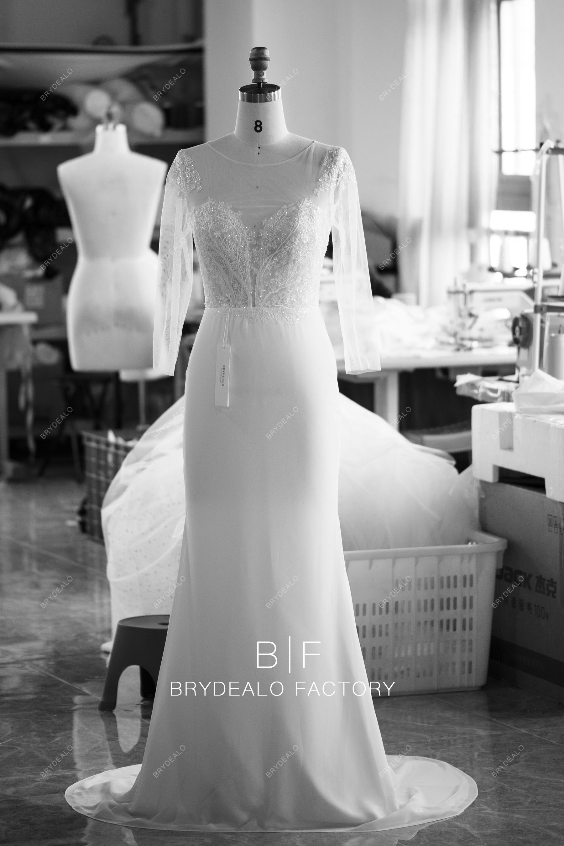 lace sleeved fit and flare chiffon custom wedding dress