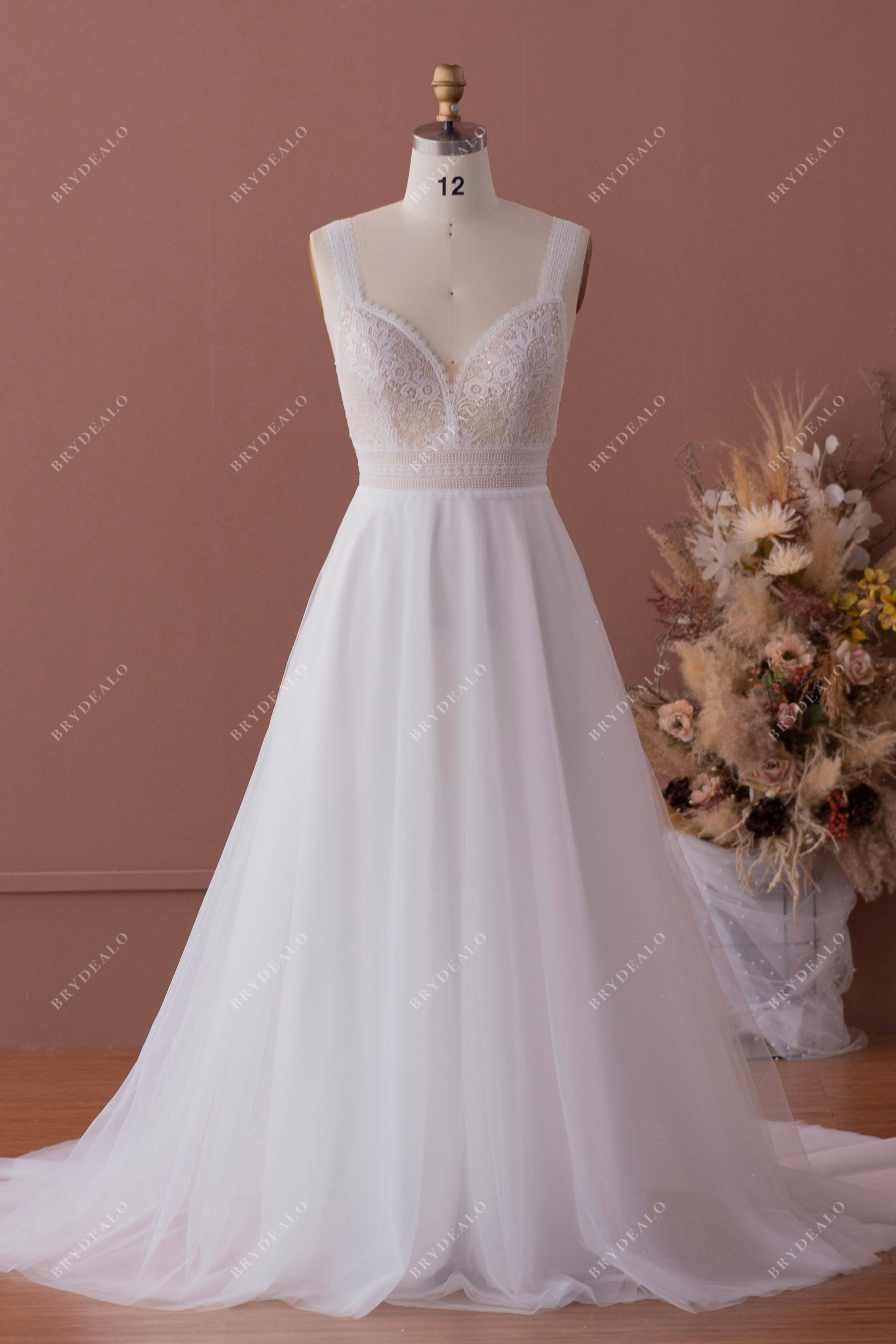 Shimmery Wide Straps Boho Lace Tulle A-line Wedding Dress