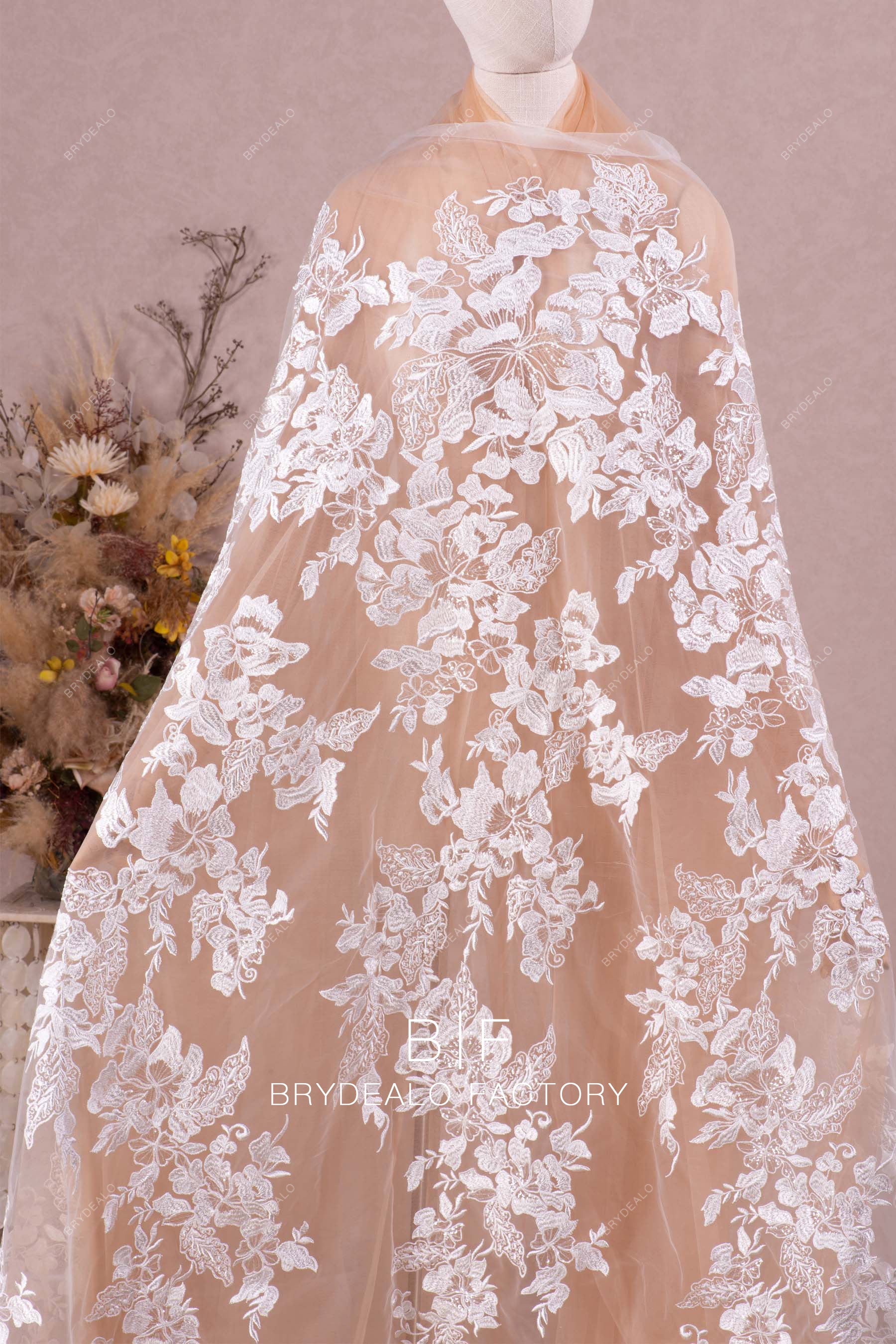 shimmery large flower motif lace for designer dress