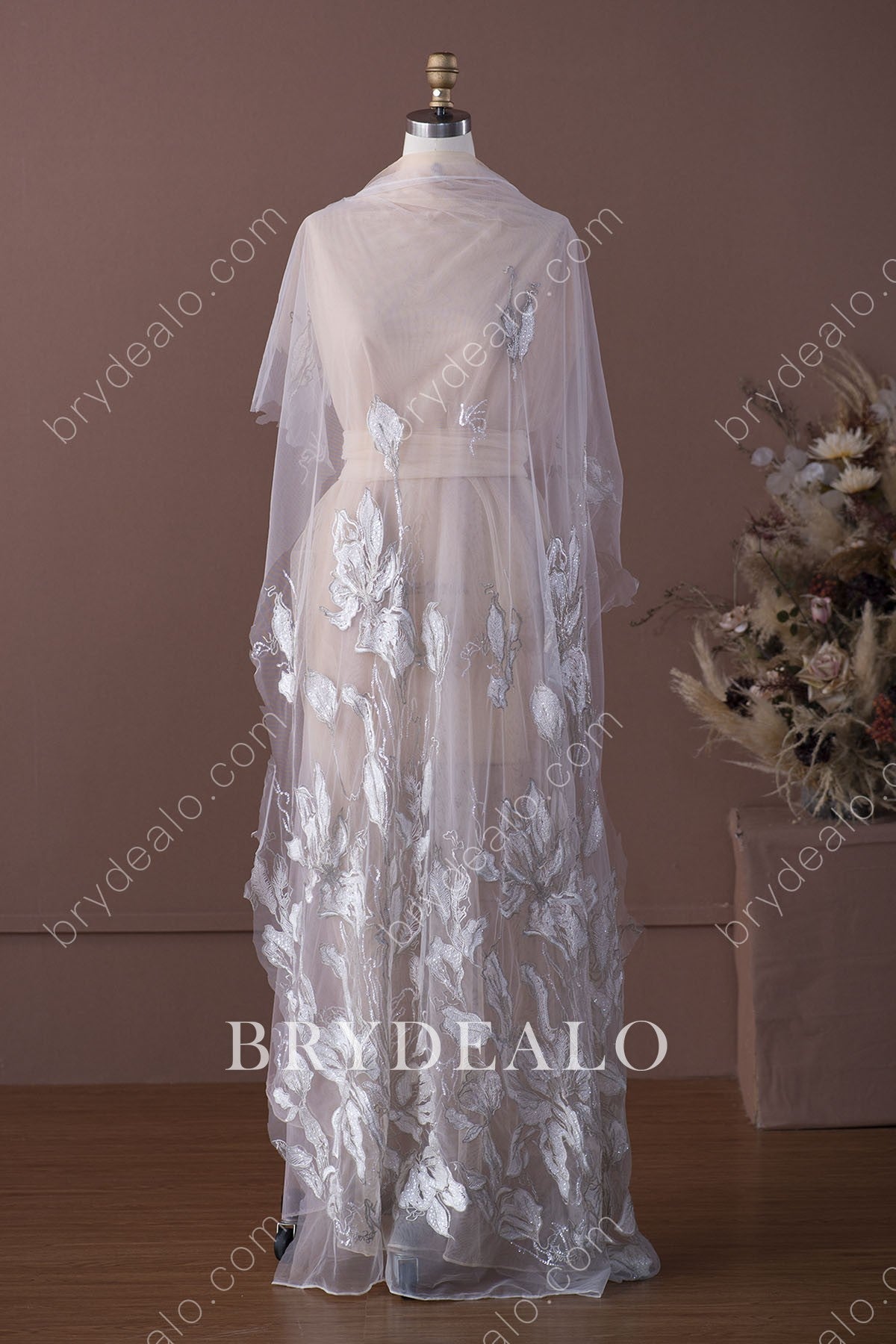 Designer Shimmery Large Leaf Glitter Bridal Lace Fabric