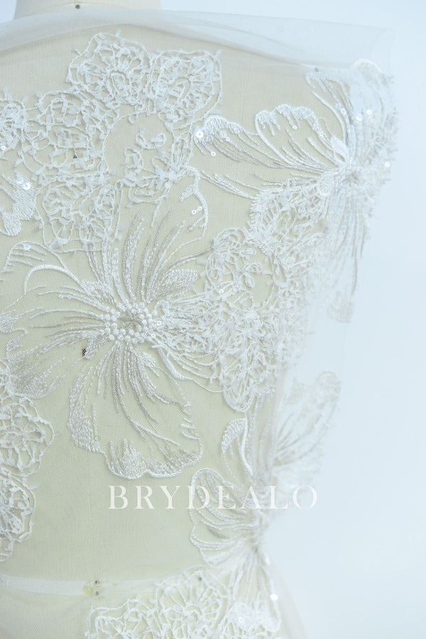 Designer Shimmery Beaded 3D Flower Bridal Lace Fabric Online