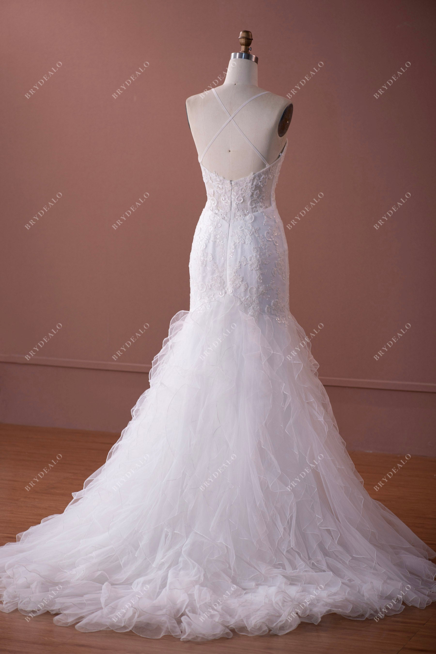 Crisscross Back Ruffled Long Train Destination Wedding Dress