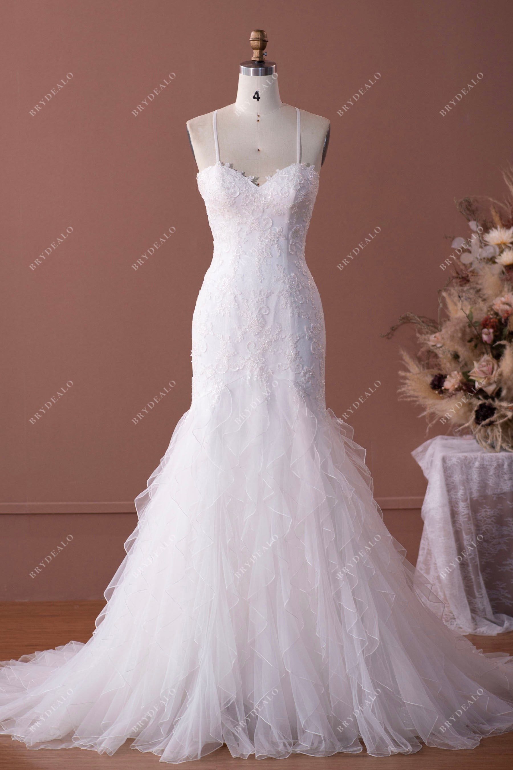 Spaghetti Strap Sweetheart Lace Designer Ruffled Mermaid Wedding Dress
