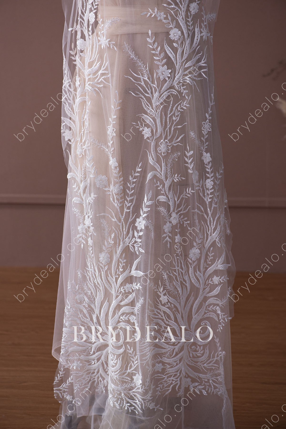 Best Shiny Beaded Sequined Branch Bridal Lace Fabric Online
