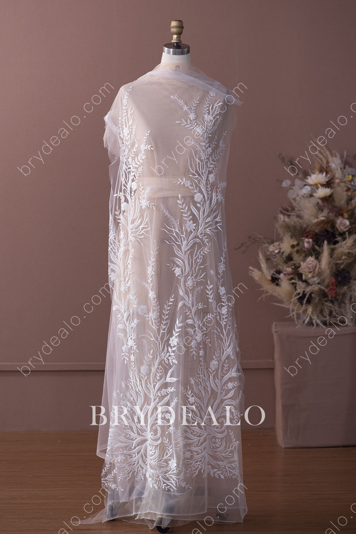 Shiny Beaded Sequined Branch Bridal Lace Fabric Online