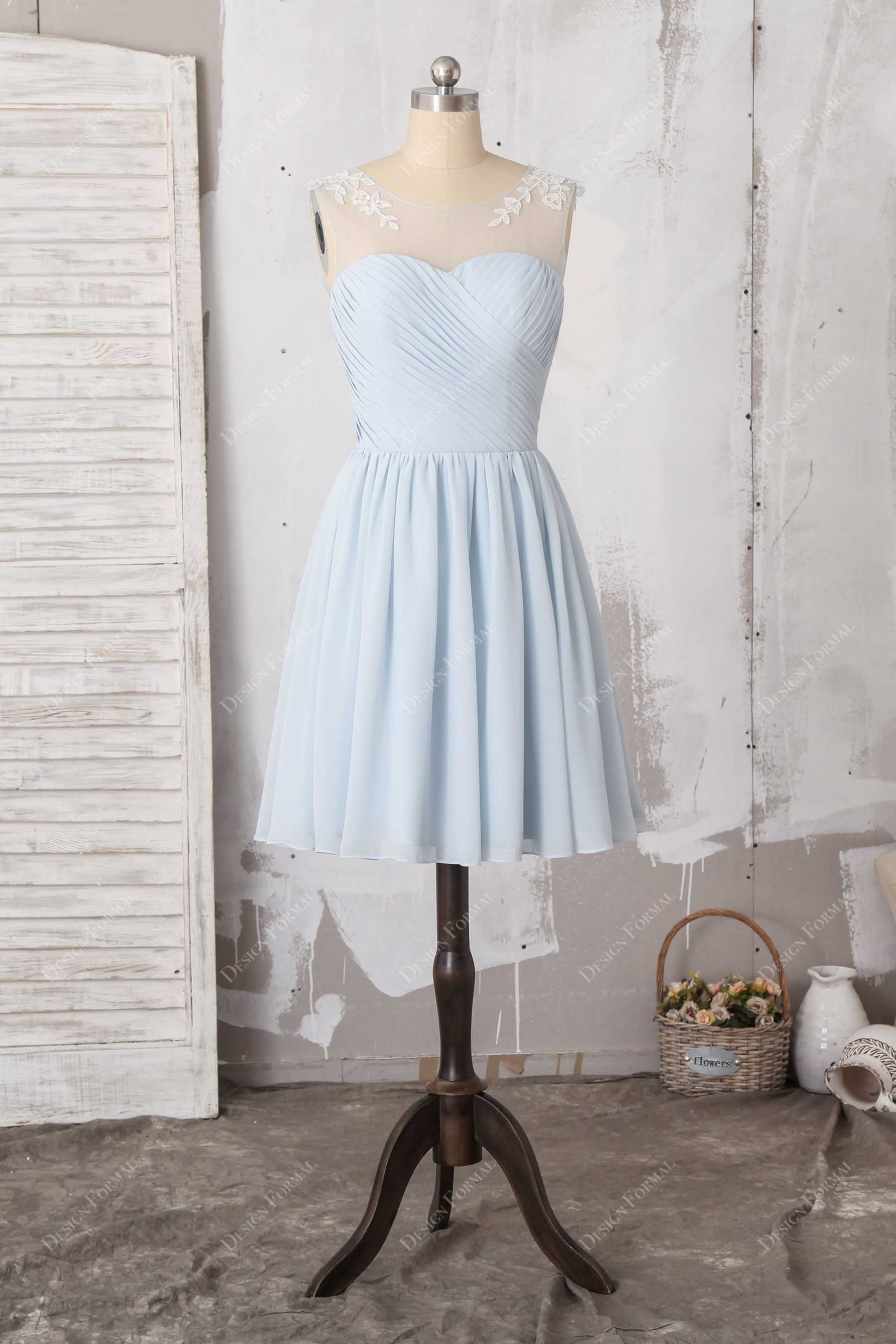 short ice blue chiffon neck bridesmaid dress