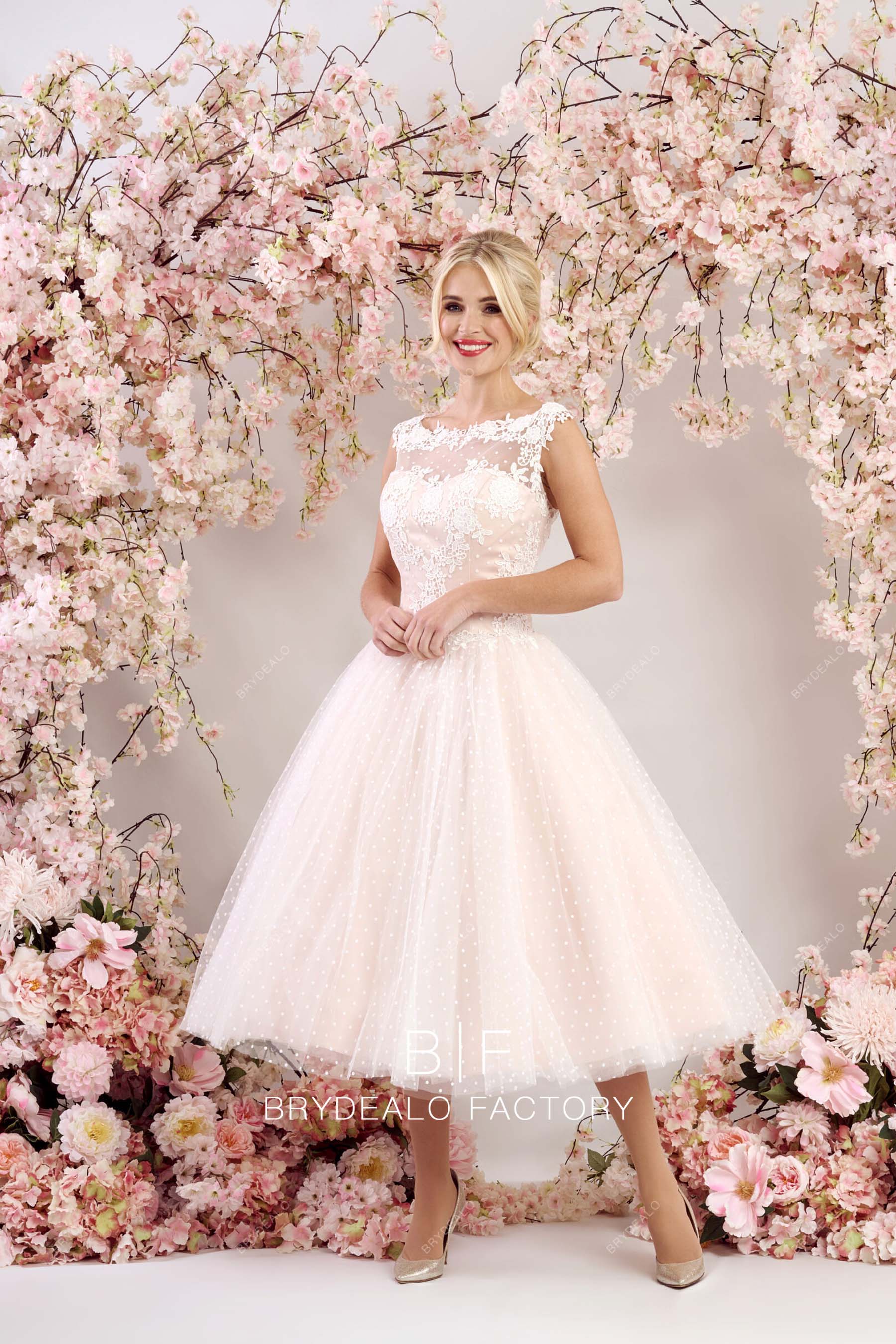 short informal blush pink tea length bridal gown online