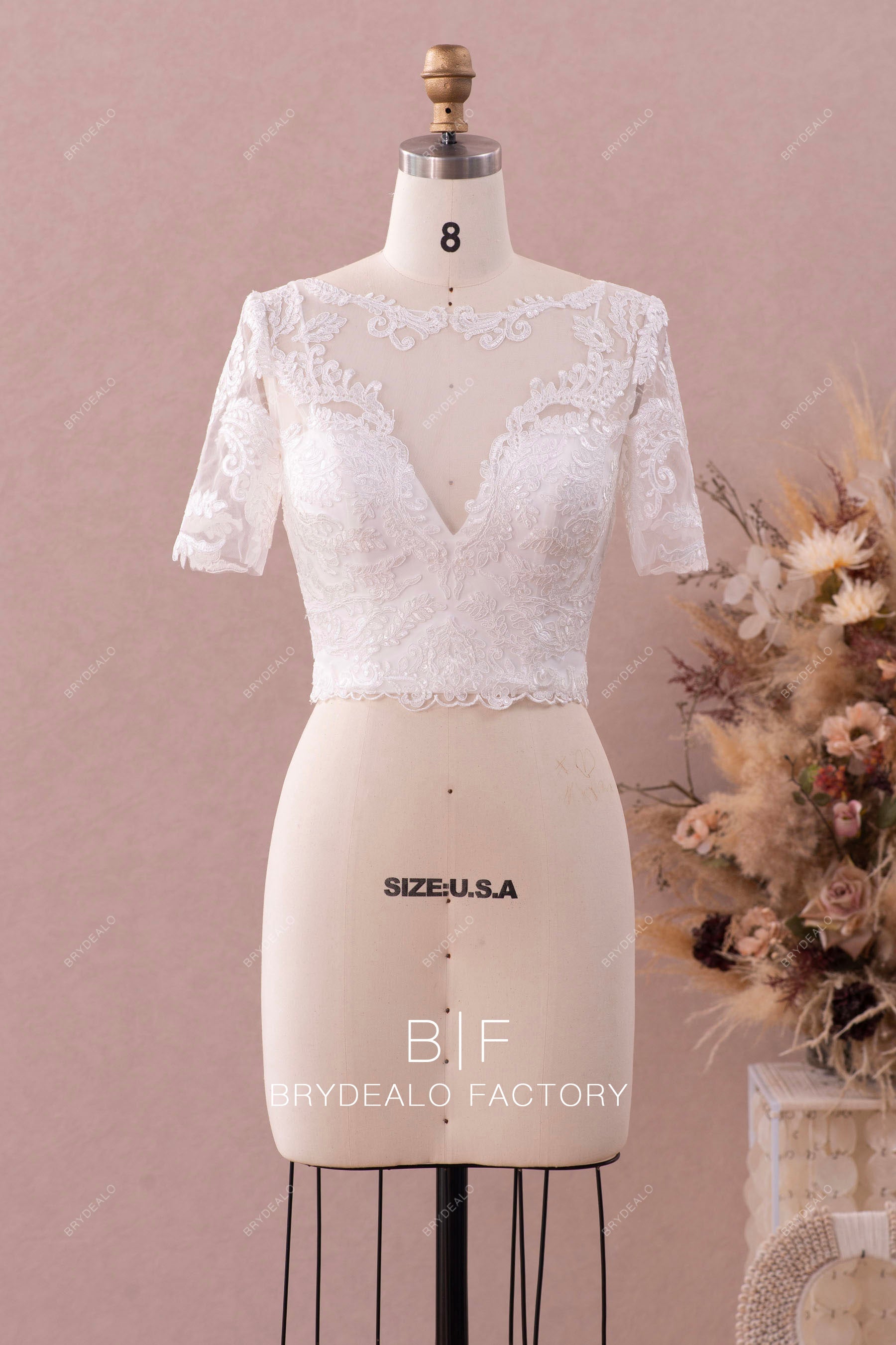 designer short sleeve lace bridal top with bustier