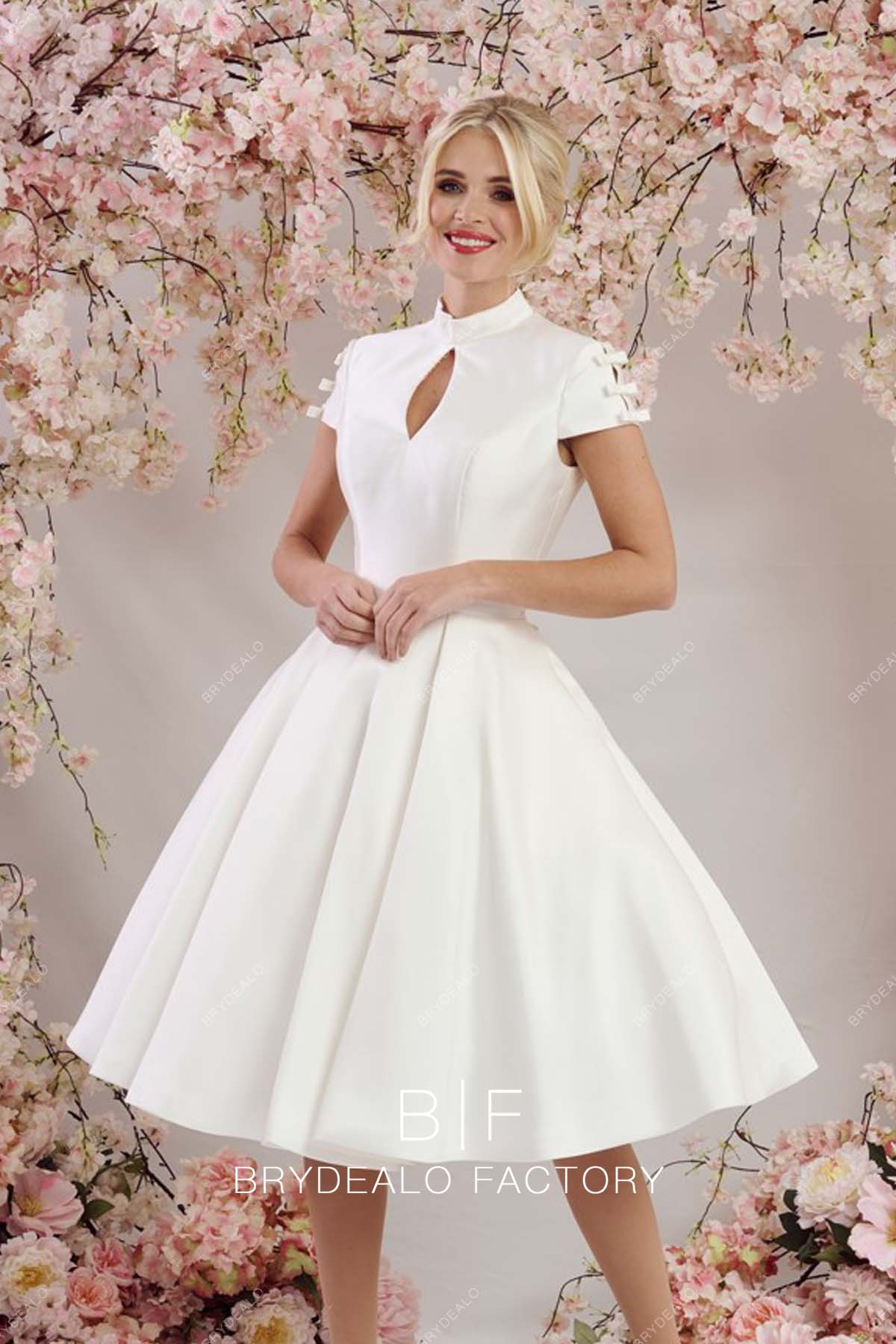 custom short sleeves tea length vintage wedding gown 
