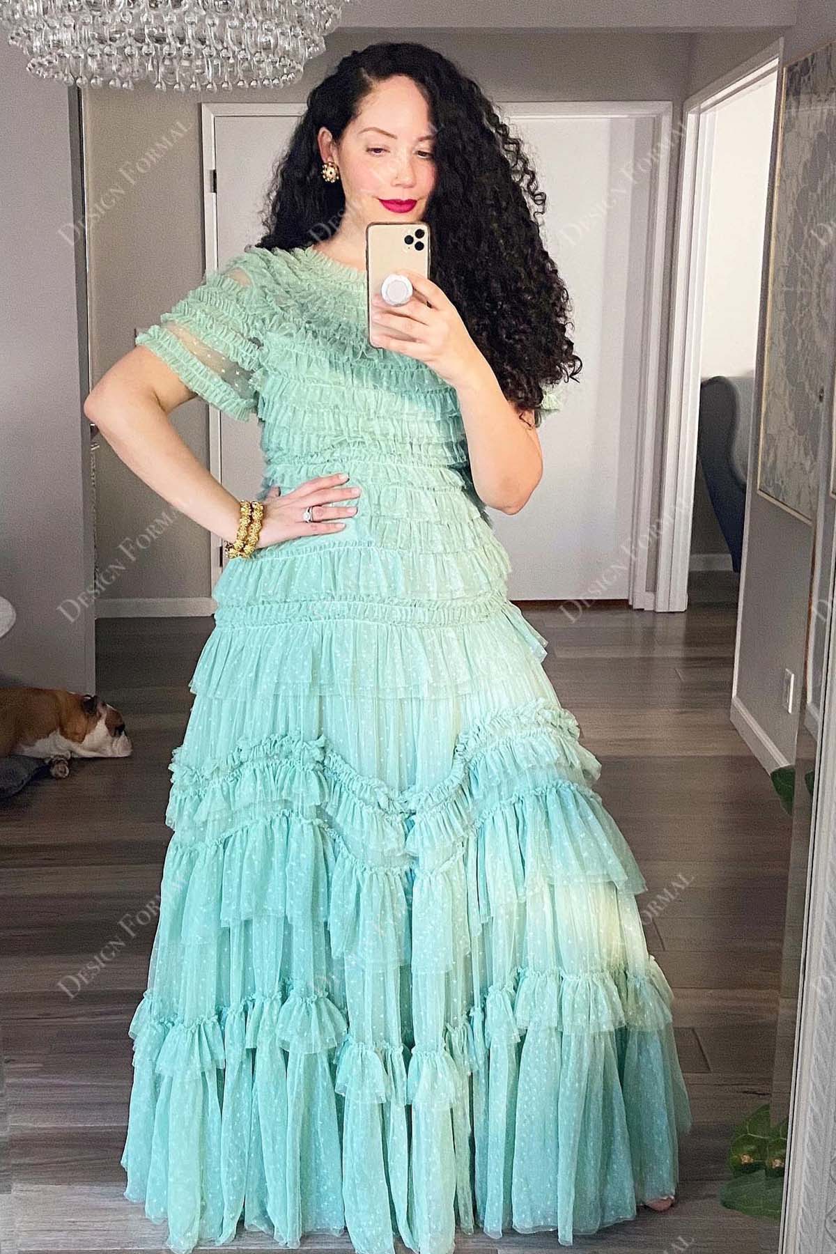 illusion short sleeves tiered ruffled mint green tulle prom gown