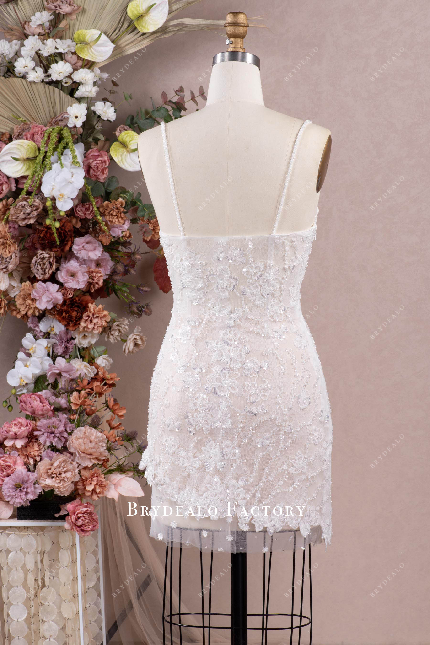 short bodycon sleeveless lace designer wedding dress