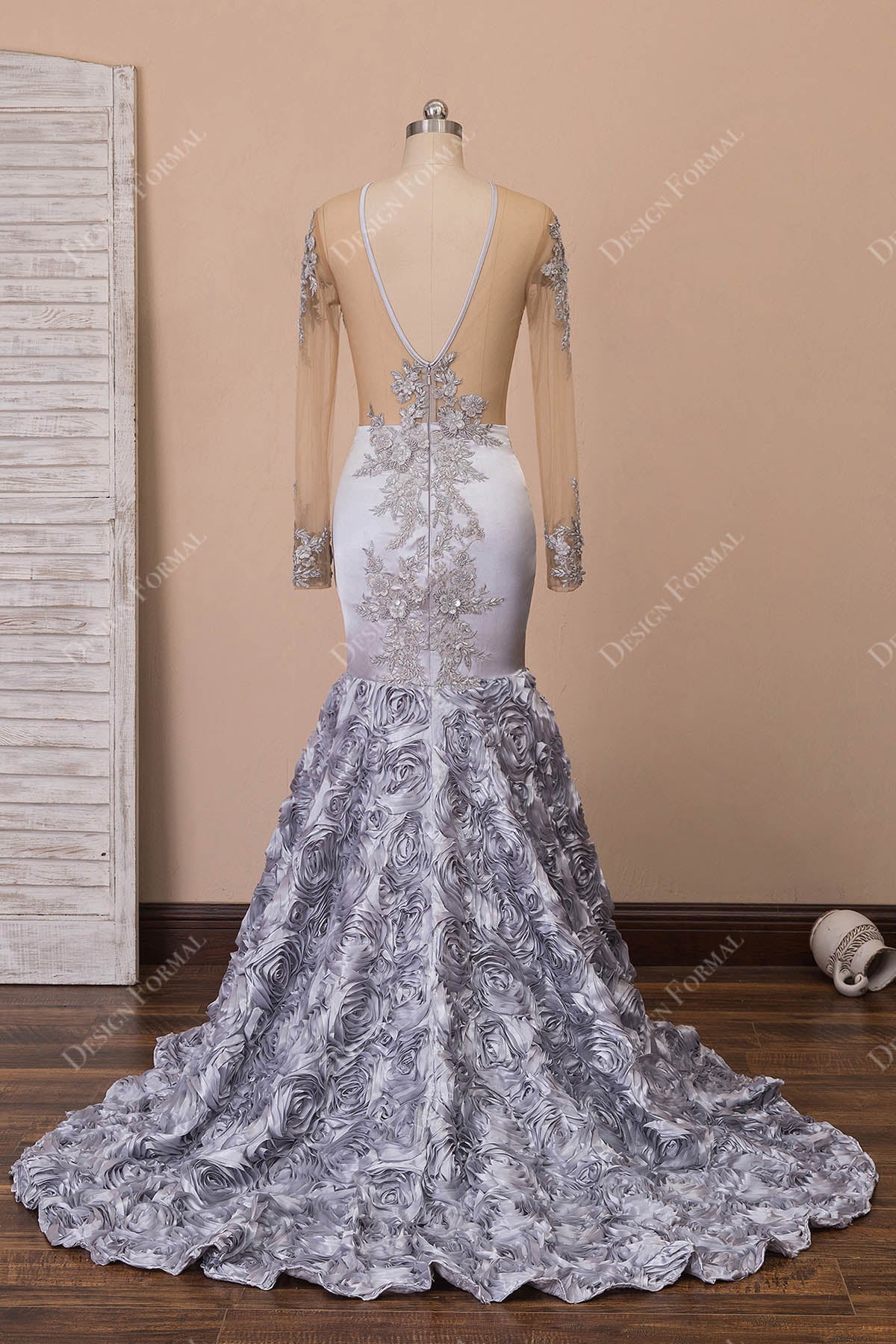 silver 3D roses trumpet prom dress