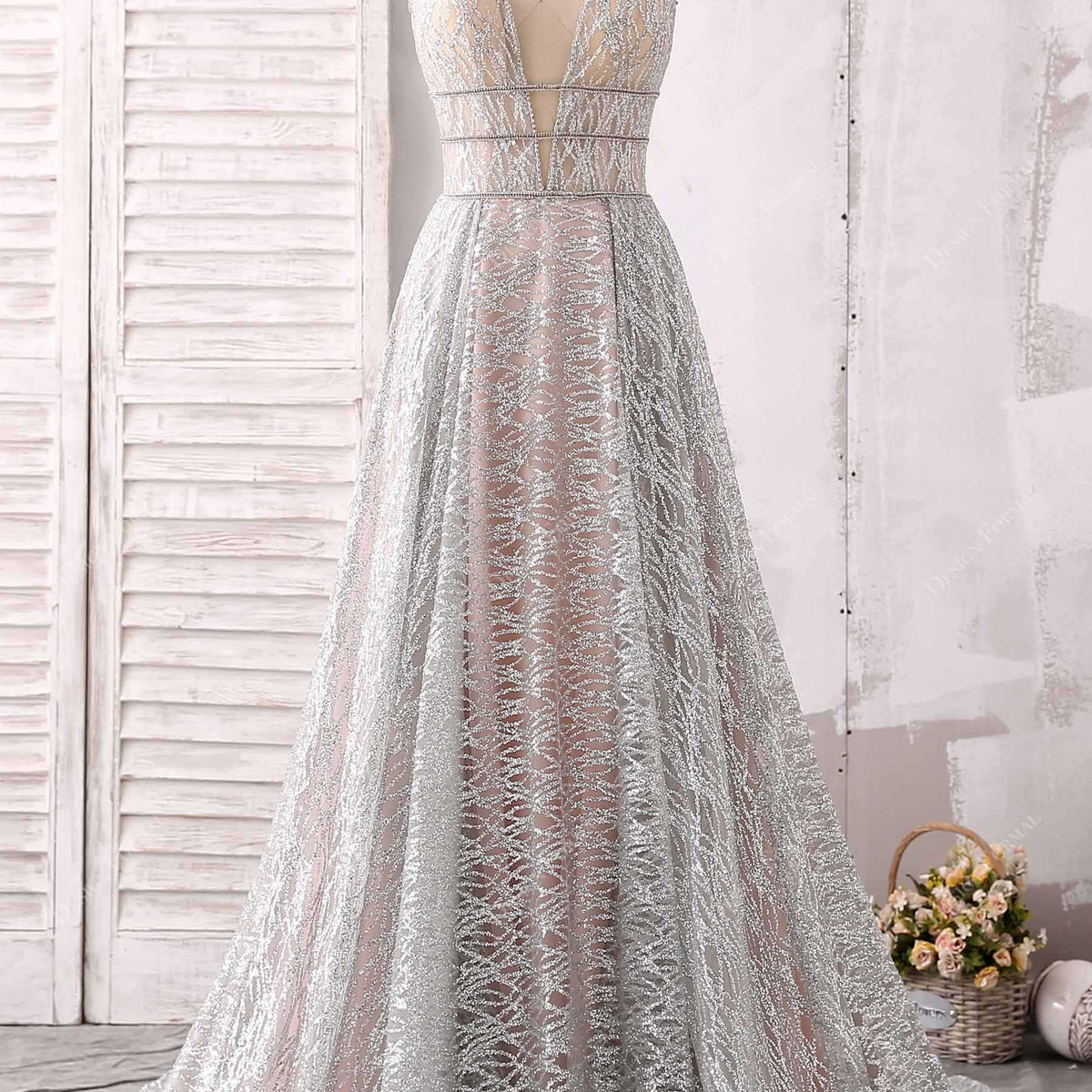 Silver Wavy Glitter Overlaid Rose Gold A-line Unique Prom Dress
