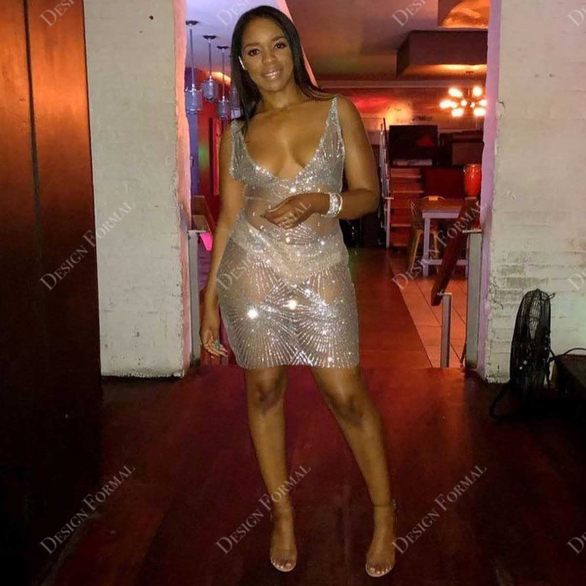 Silver Glitter Plunging Made-to-Order Bodycon Sheer Prom Dress