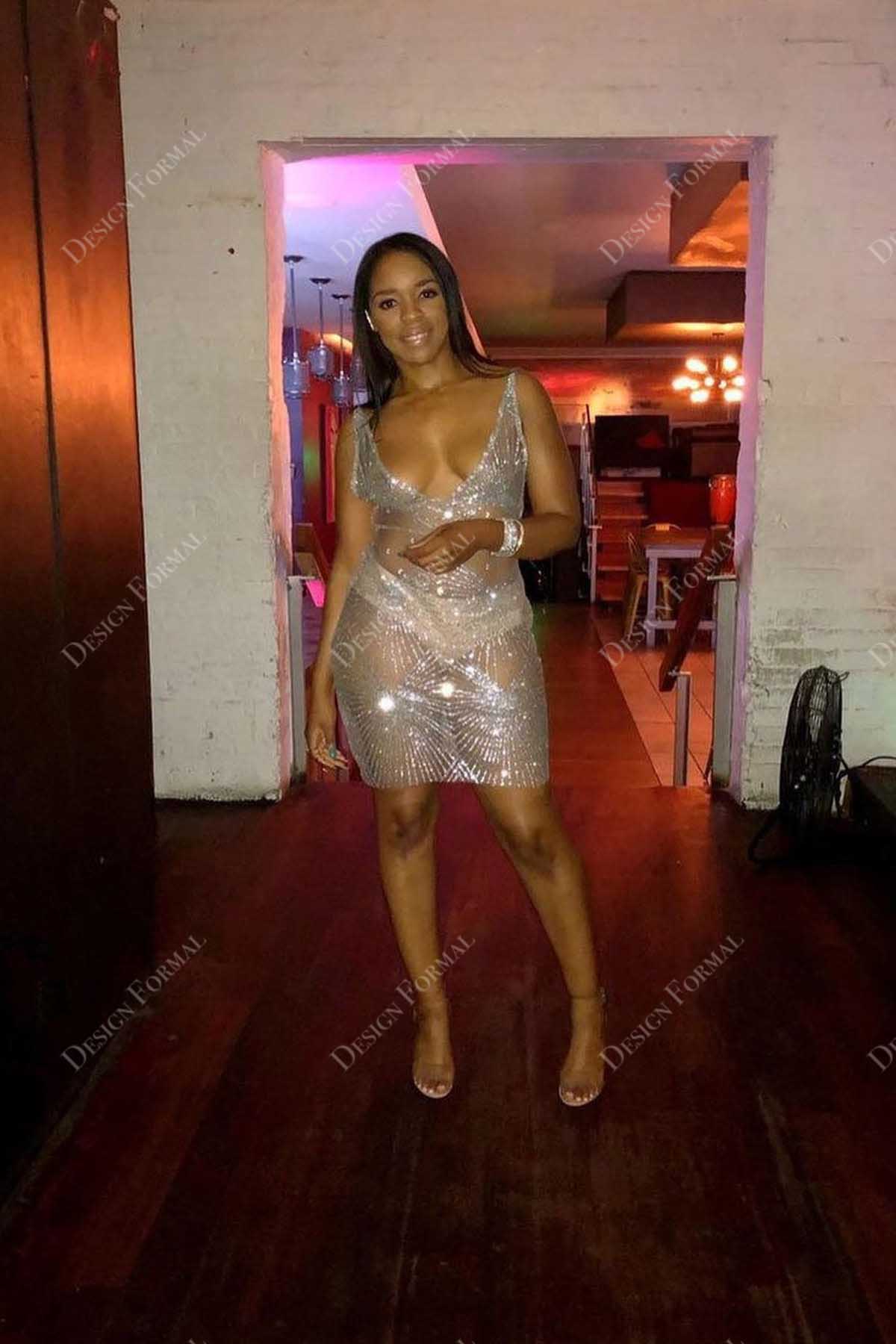 silver glitter sexy plunging neck short bodycon sheer prom dress