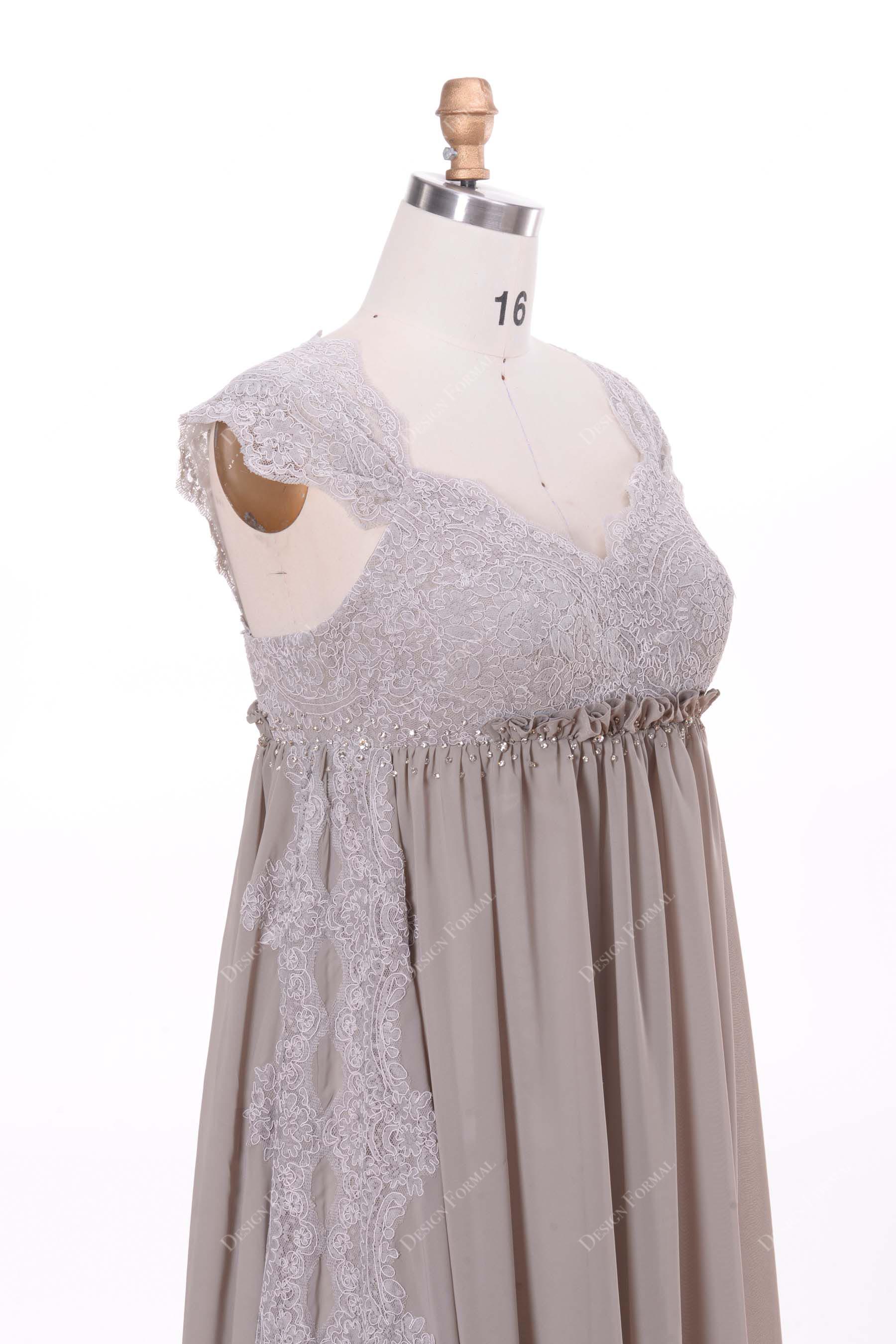 silver lace cap sleeves empire maternity bridal dress