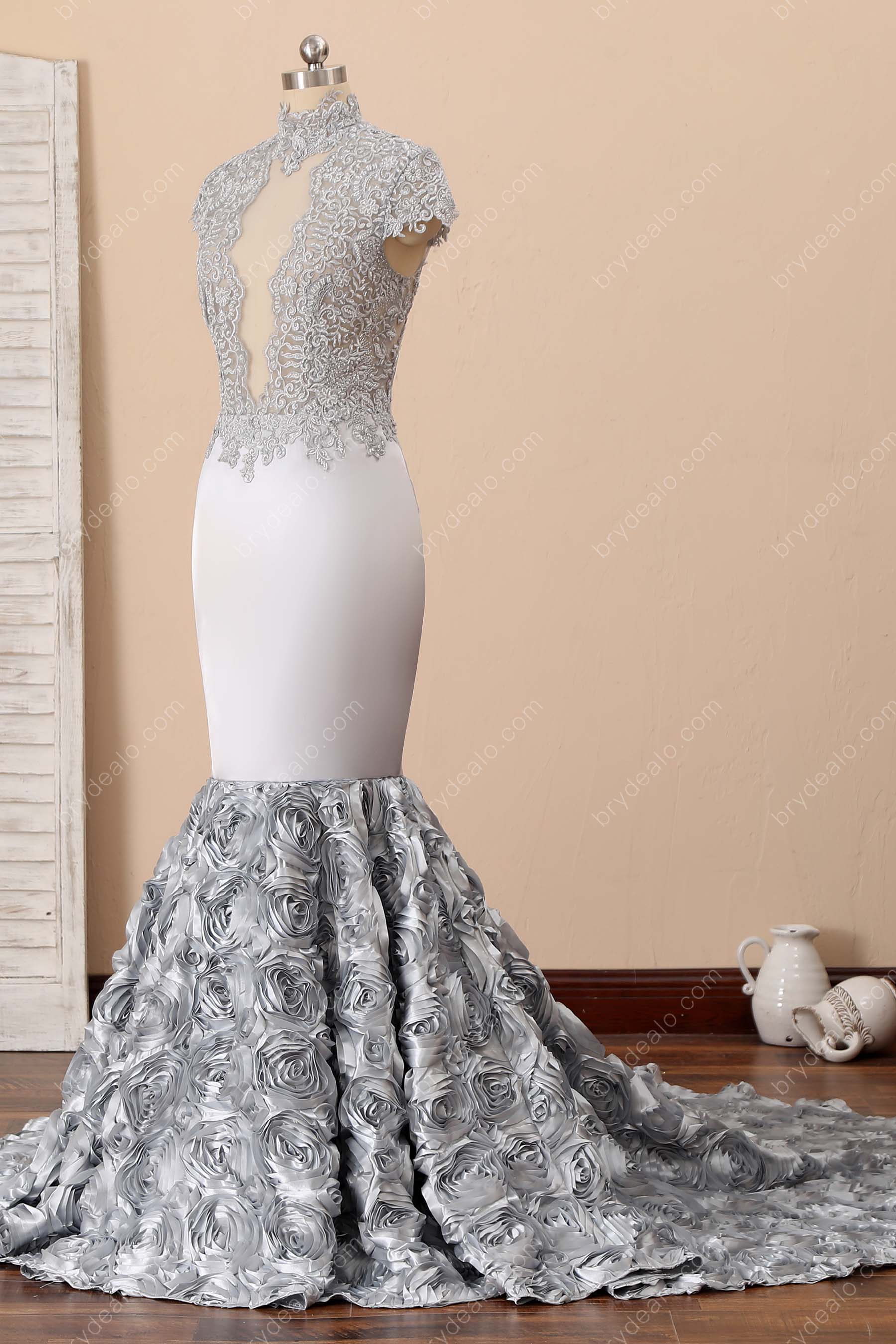 silver rose trumpet lace satin prom dress