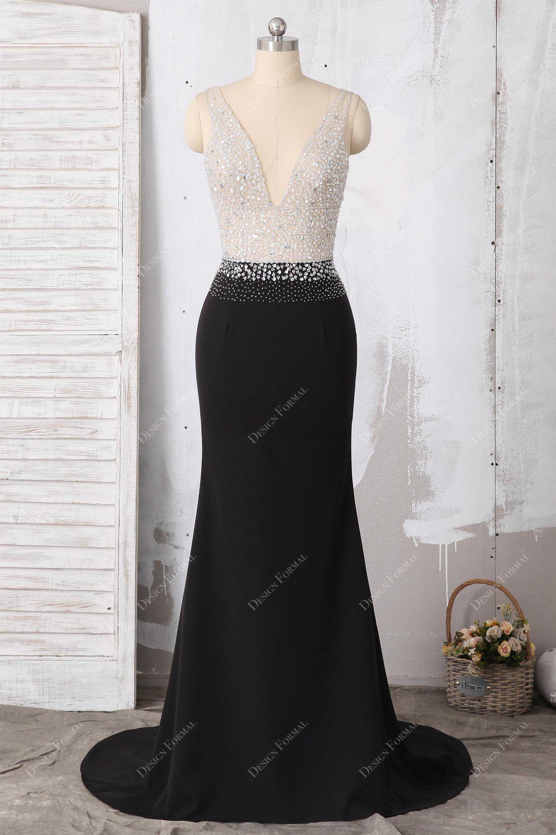Allover Beaded Plunging V-neck Black Mermaid Prom Dress