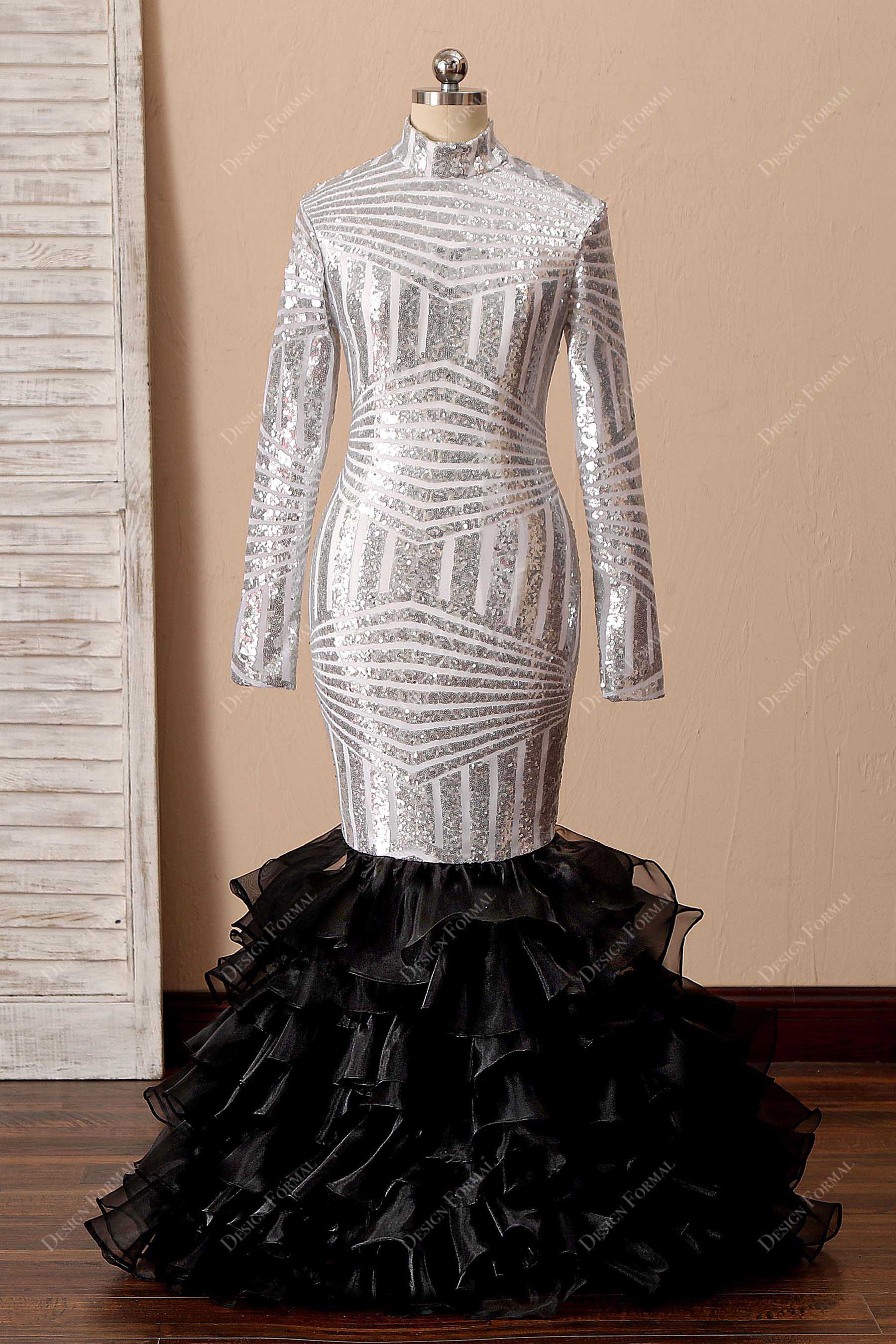 silver sequin black organza ruffled trumpet prom gown